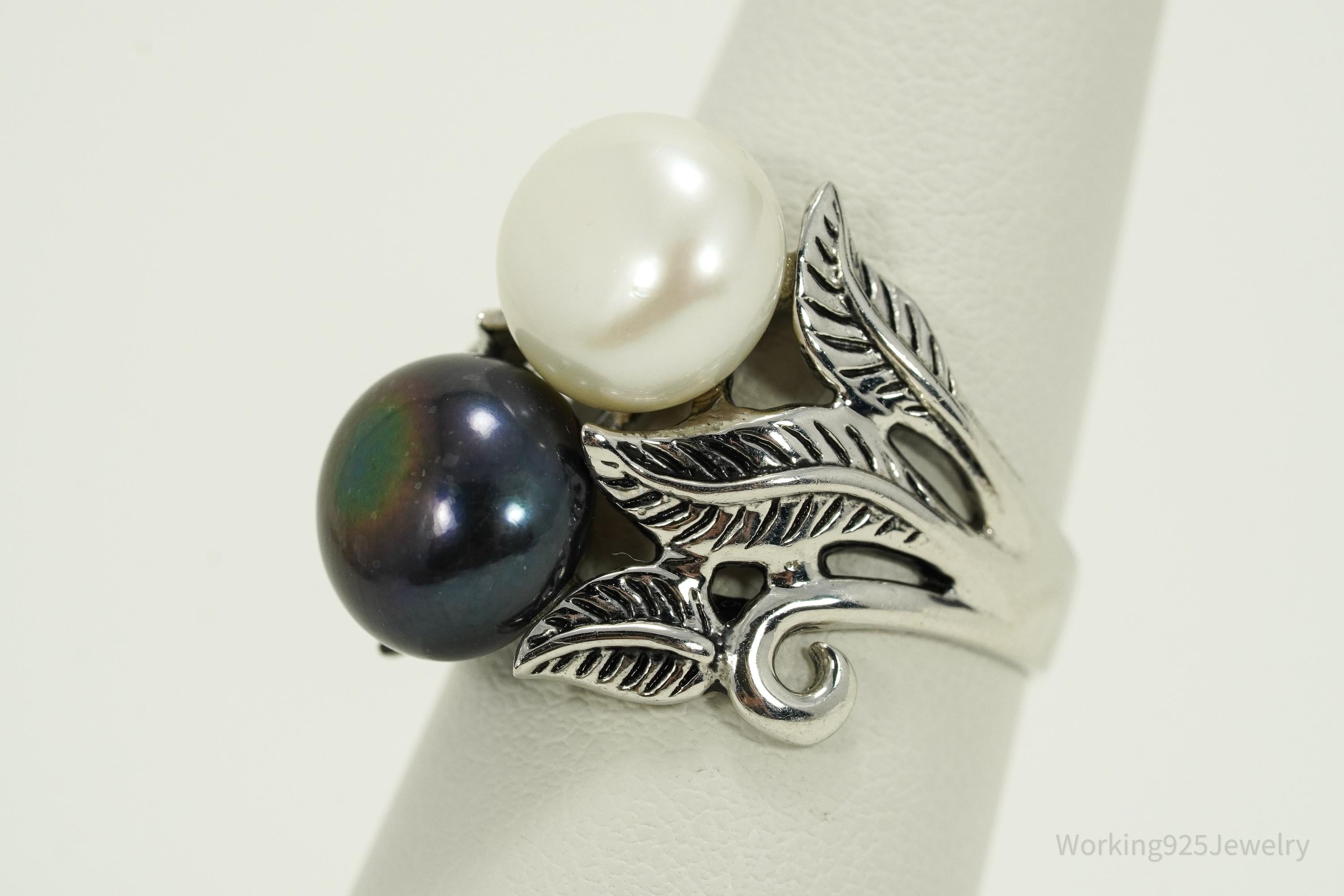 Vintage Designer CFJ White & Tahitian Pearl Sterling Silver Ring Size 7.25