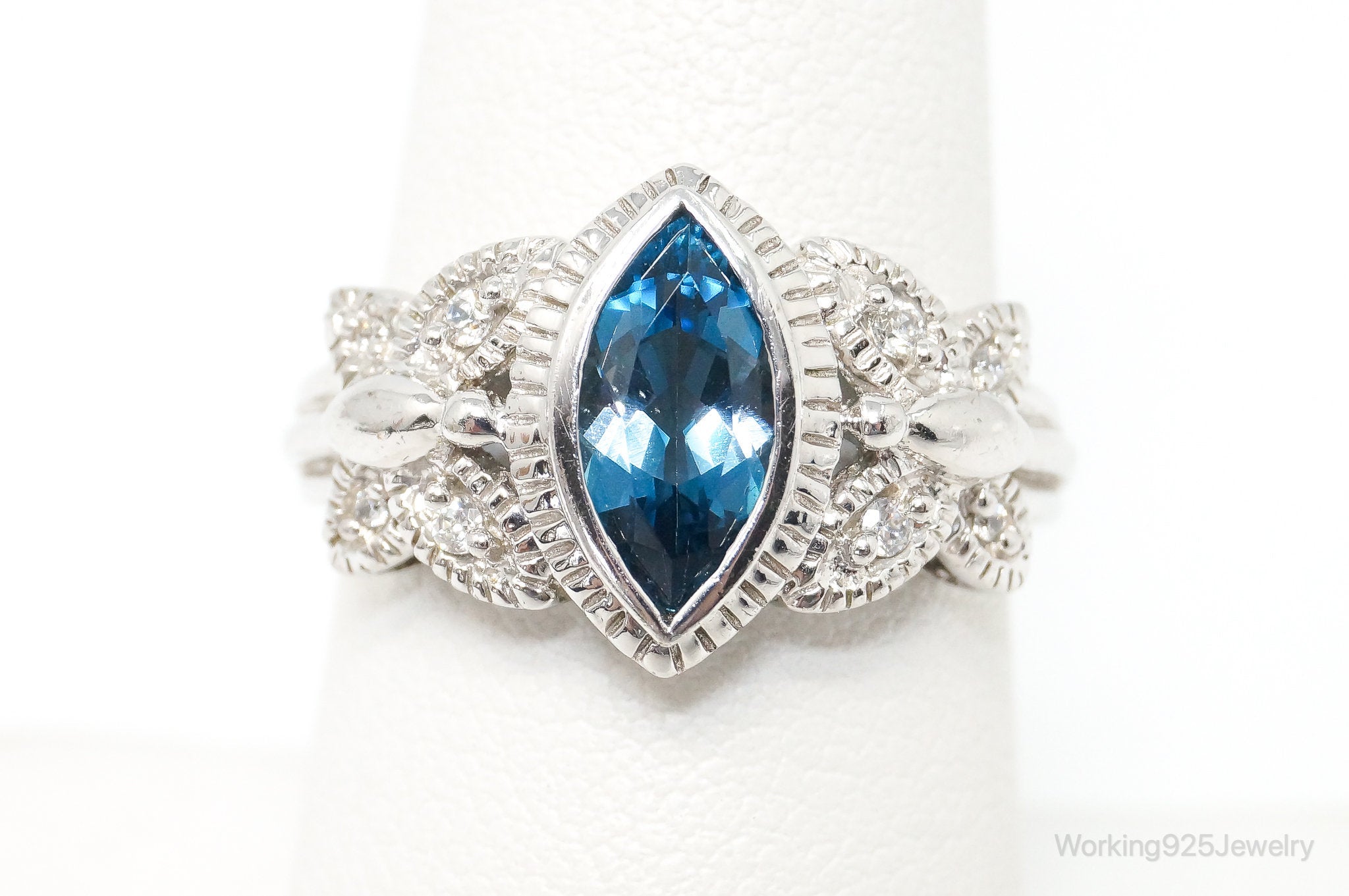 Vintage London Blue Topaz Cubic Zirconia Ring Sterling Silver - Size 7.75