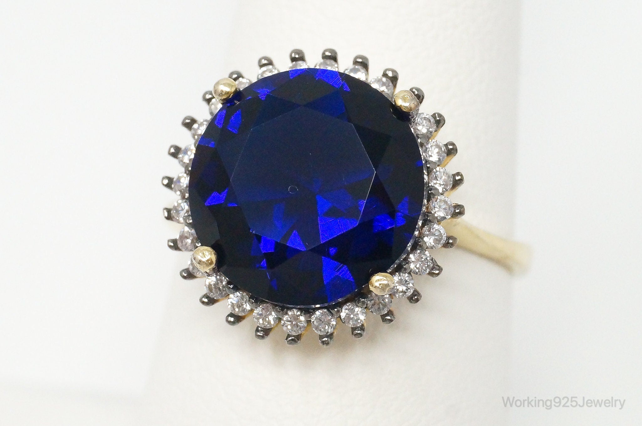 Large Blue Glass Cubic Zirconia Gold Vermeil Sterling Silver Ring - Size 8