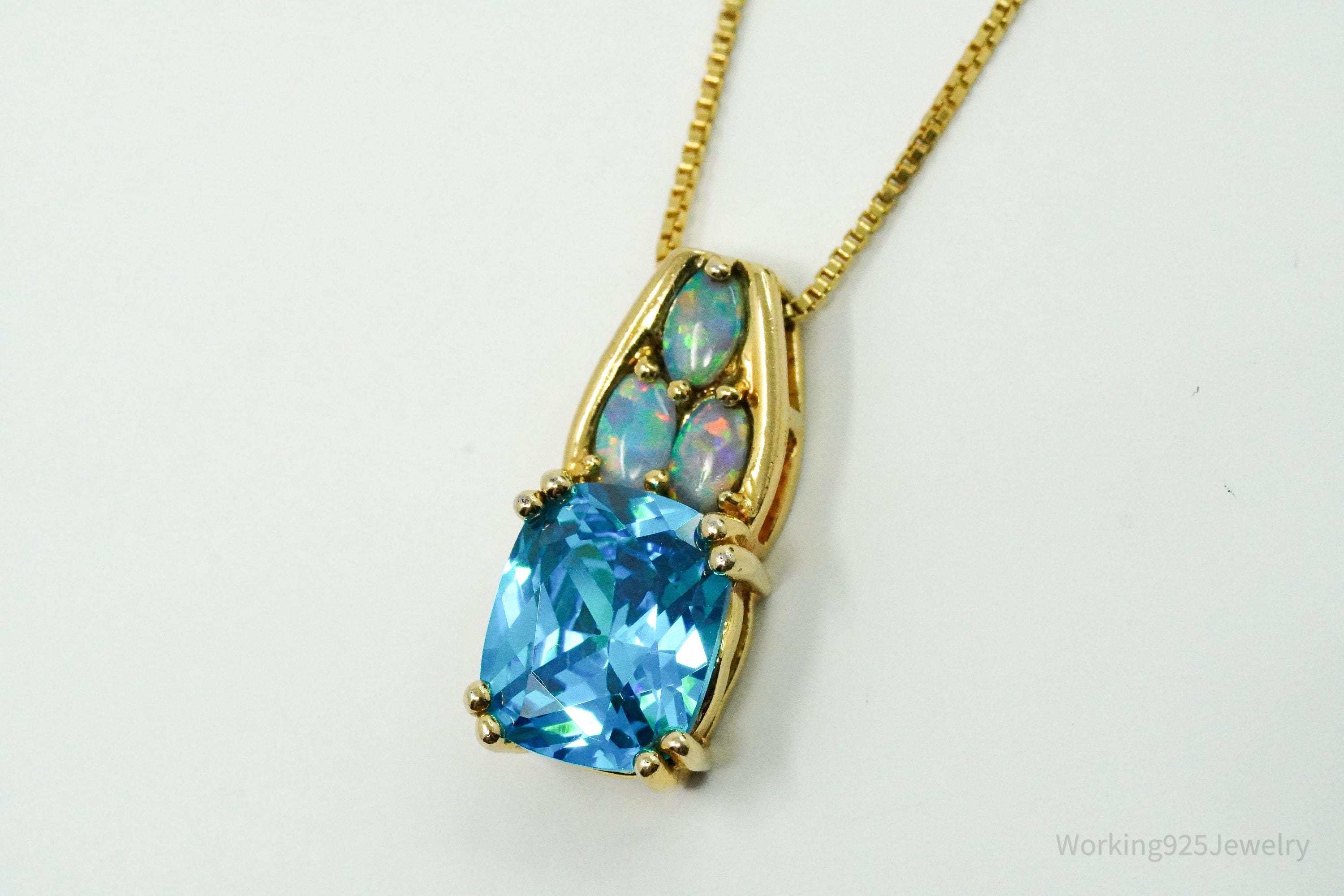 Vintage Blue Tourmaline & Opal Gold Vermeil Sterling Silver Necklace 16"