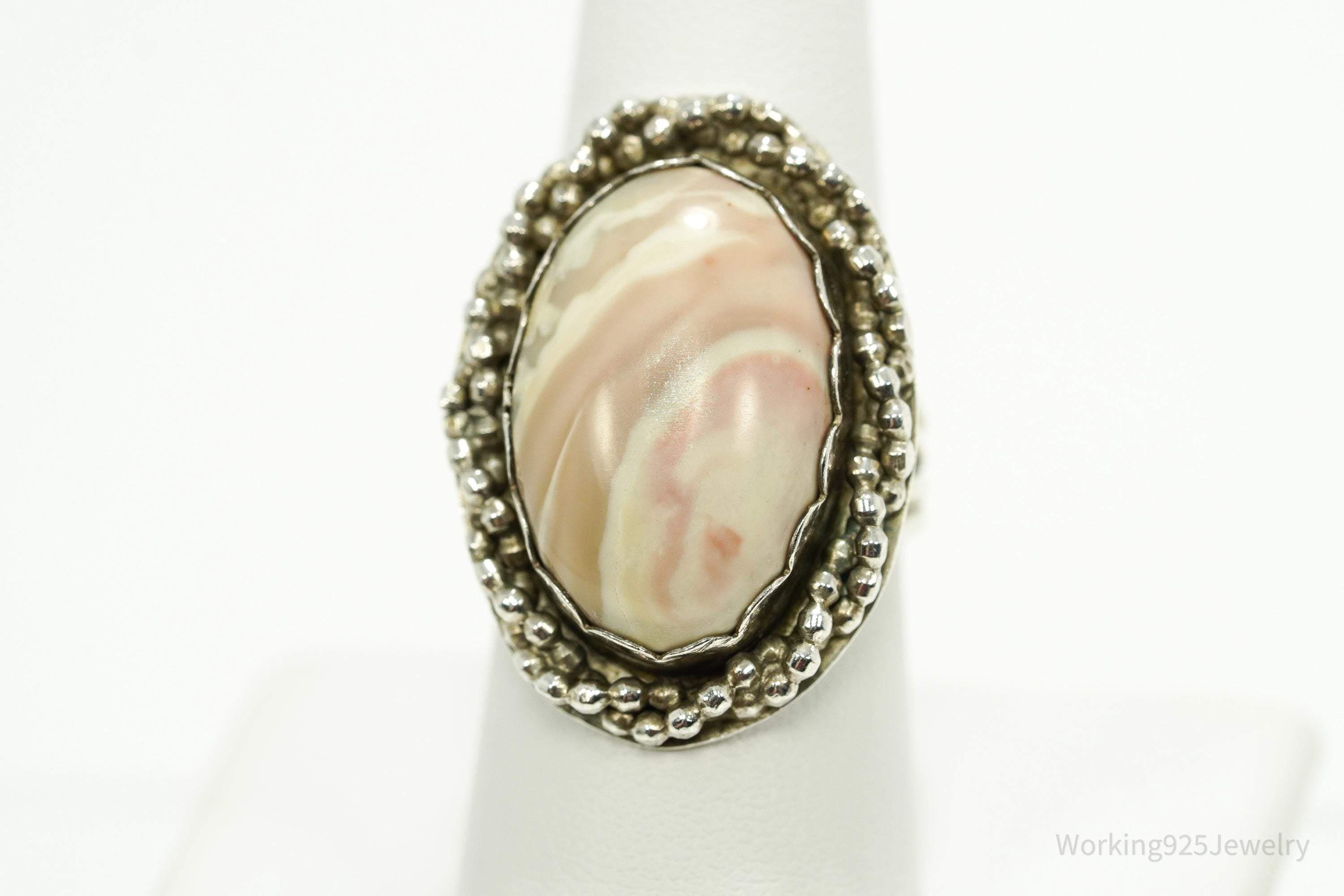 Vintage Large Agate Silver Ring - Size 9.25