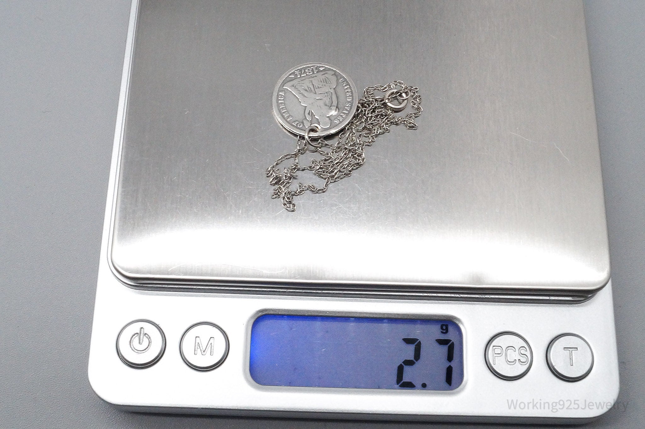 Antique Vintage 1874 Seated Liberty Dime Coin Sterling Silver Chain Necklace - 20"