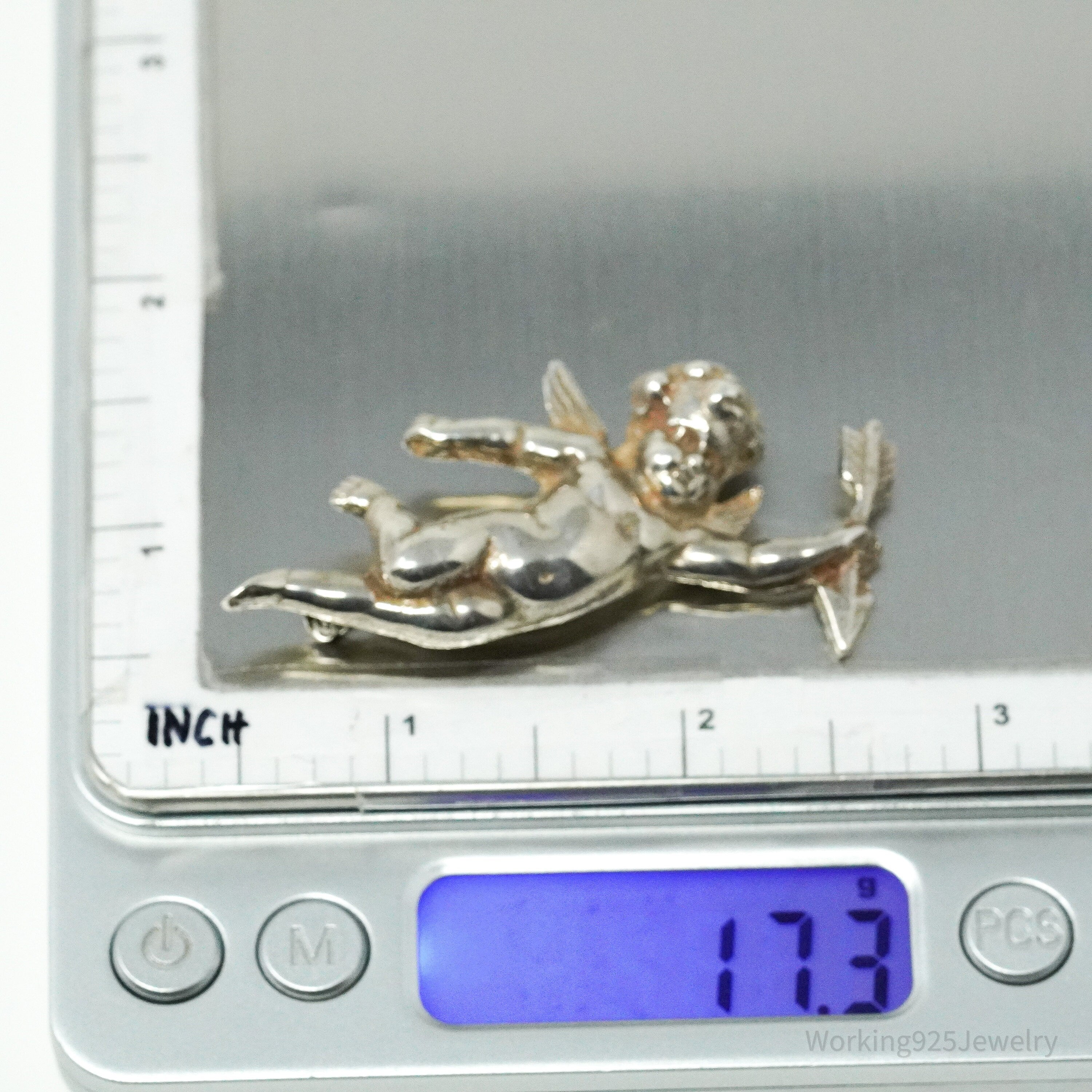 Antique Vintage Cherub Angel Cupid Sterling Silver Brooch Pin