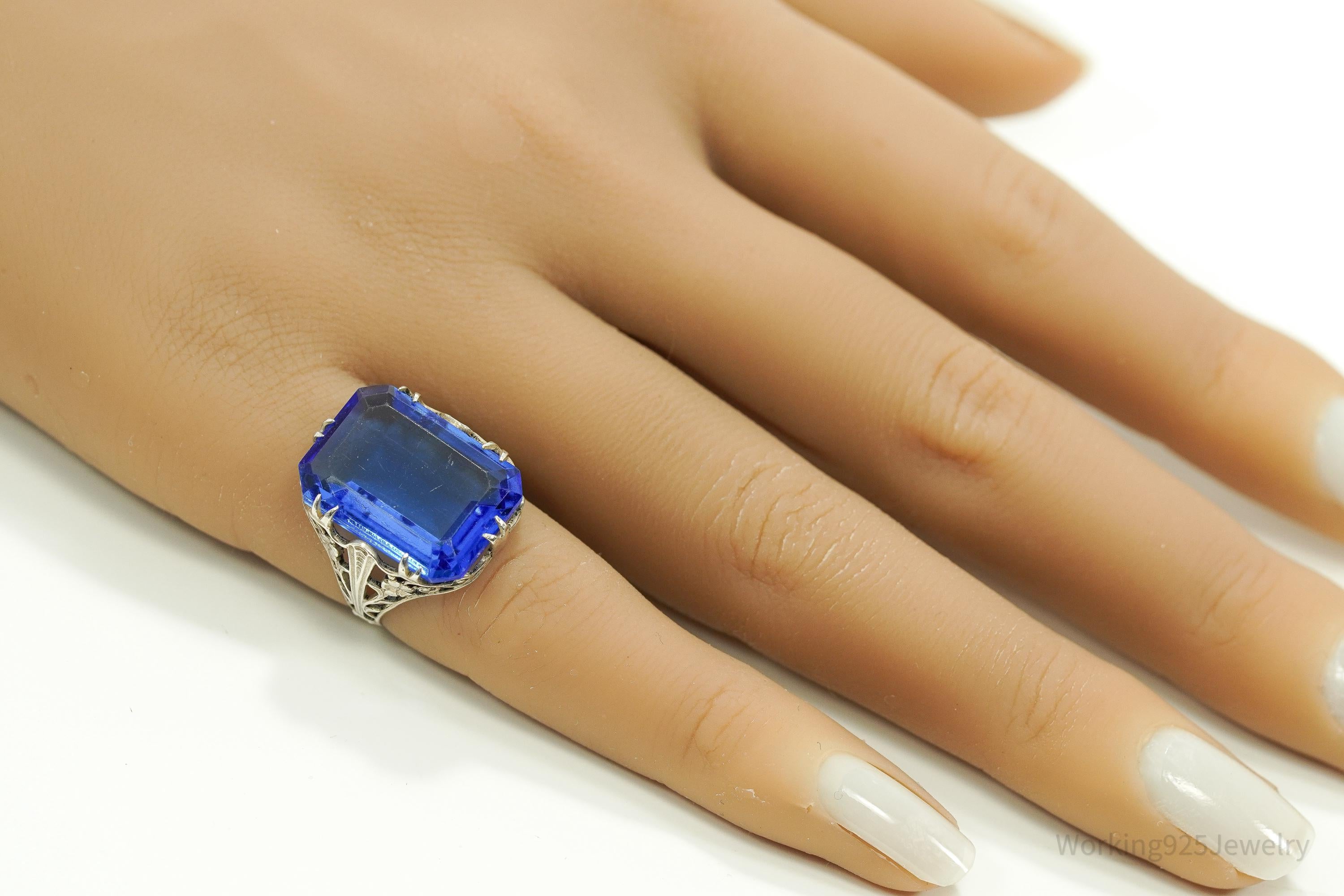 Antique Blue Art Glass Sterling Silver Ring - Size 5.25