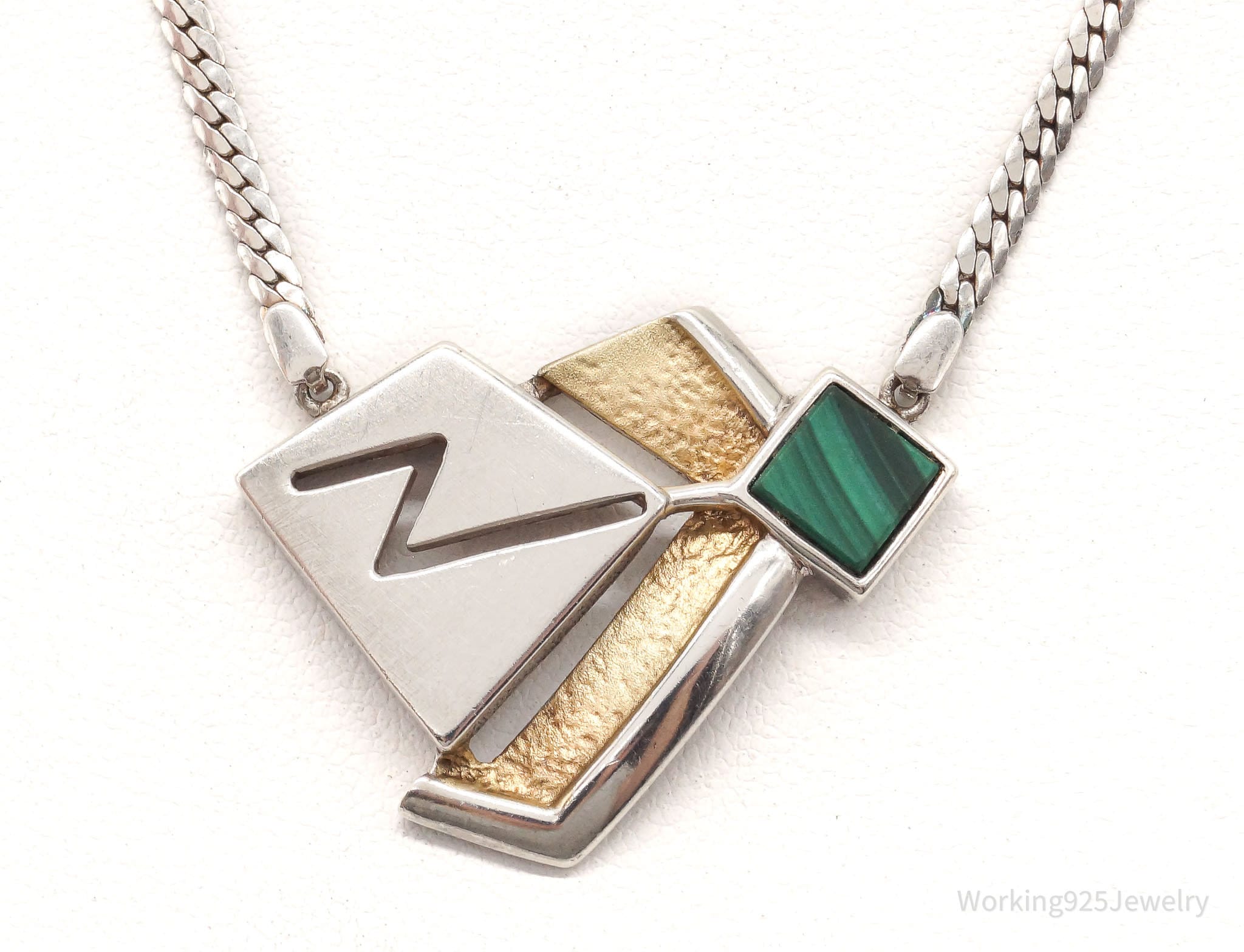 Vintage Malachite Modernist Gold Vermeil Sterling Silver Necklace