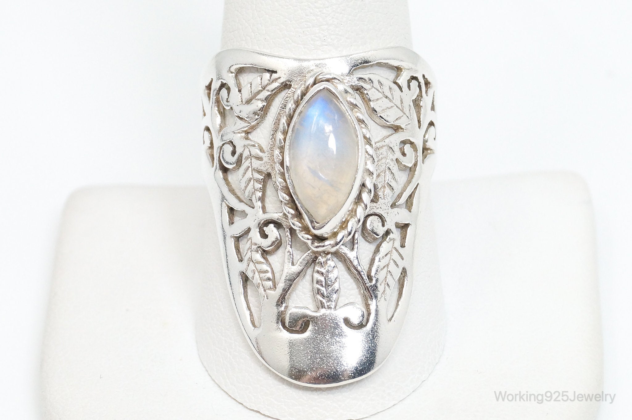 Vintage Moonstone Floral Scroll Cut Out Sterling Silver Ring - Size 9.75