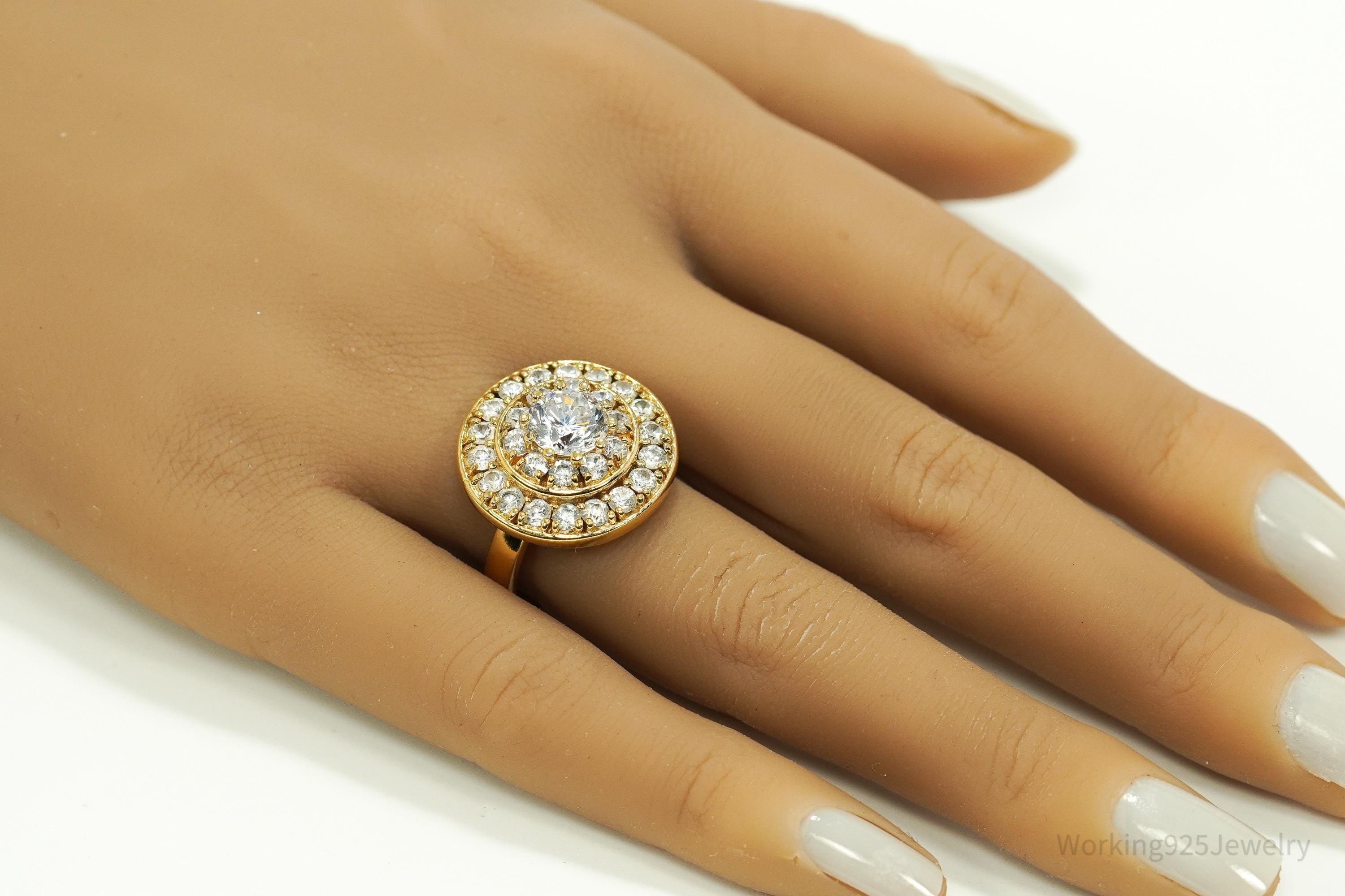 Vintage Farrah Fawcett Gold Vermeil Cubic Zirconia Sterling Silver Ring - Size 7.5