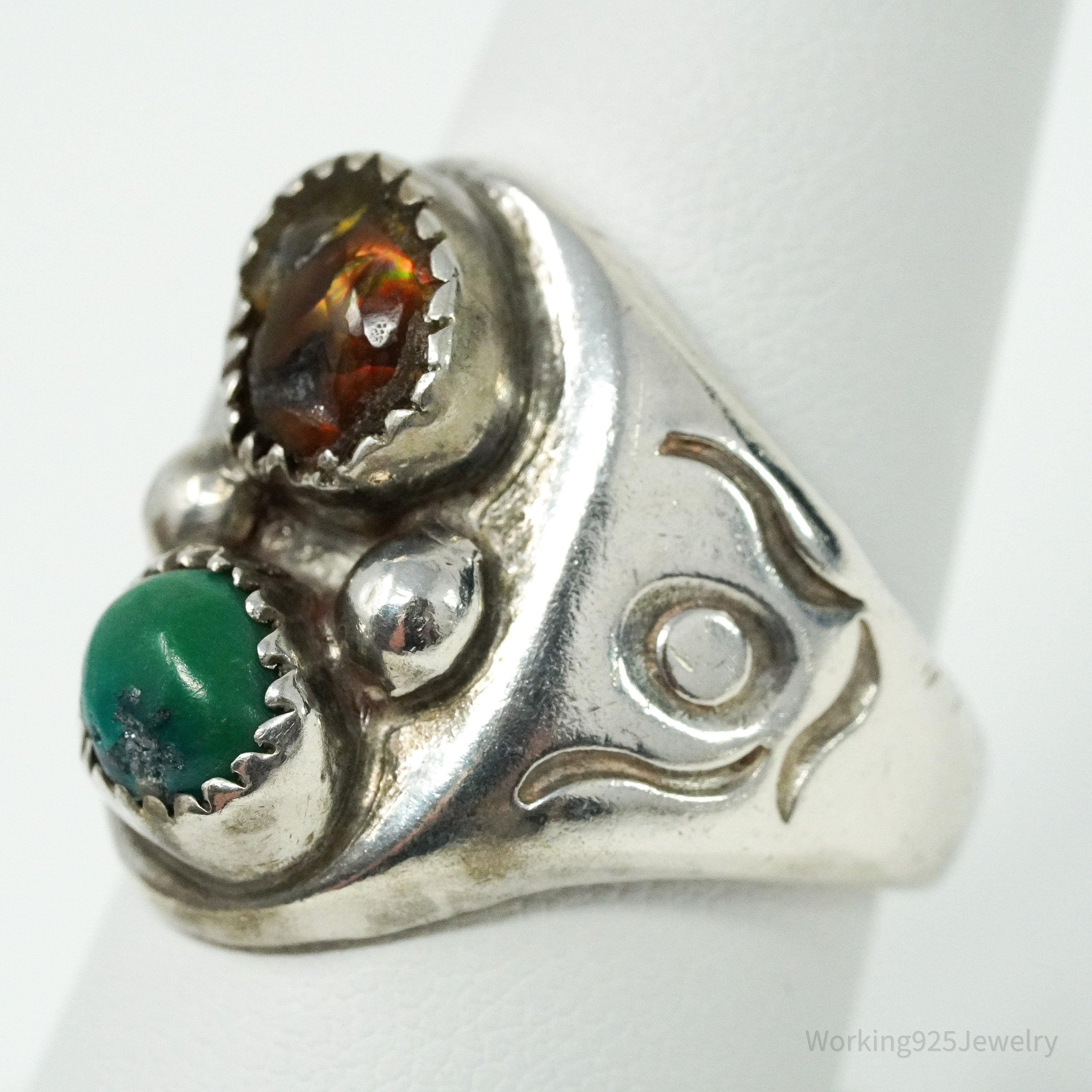 Vintage Native American Opal & Turquoise Handmade Silver Ring - Size 9