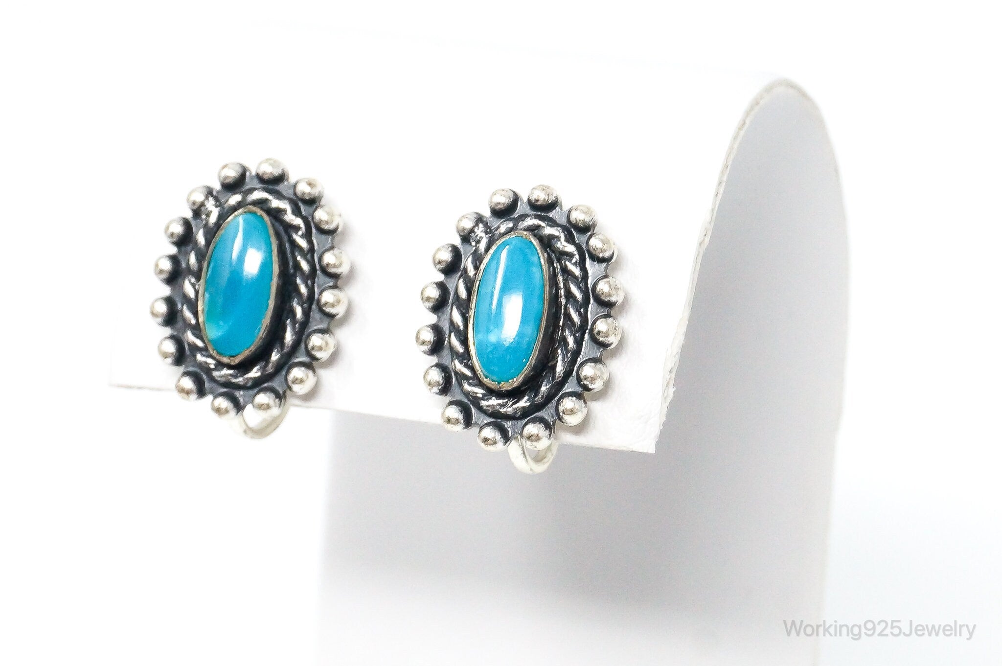 Vintage Native American Unsigned Turquoise Sterling Silver Screw Back Earrings