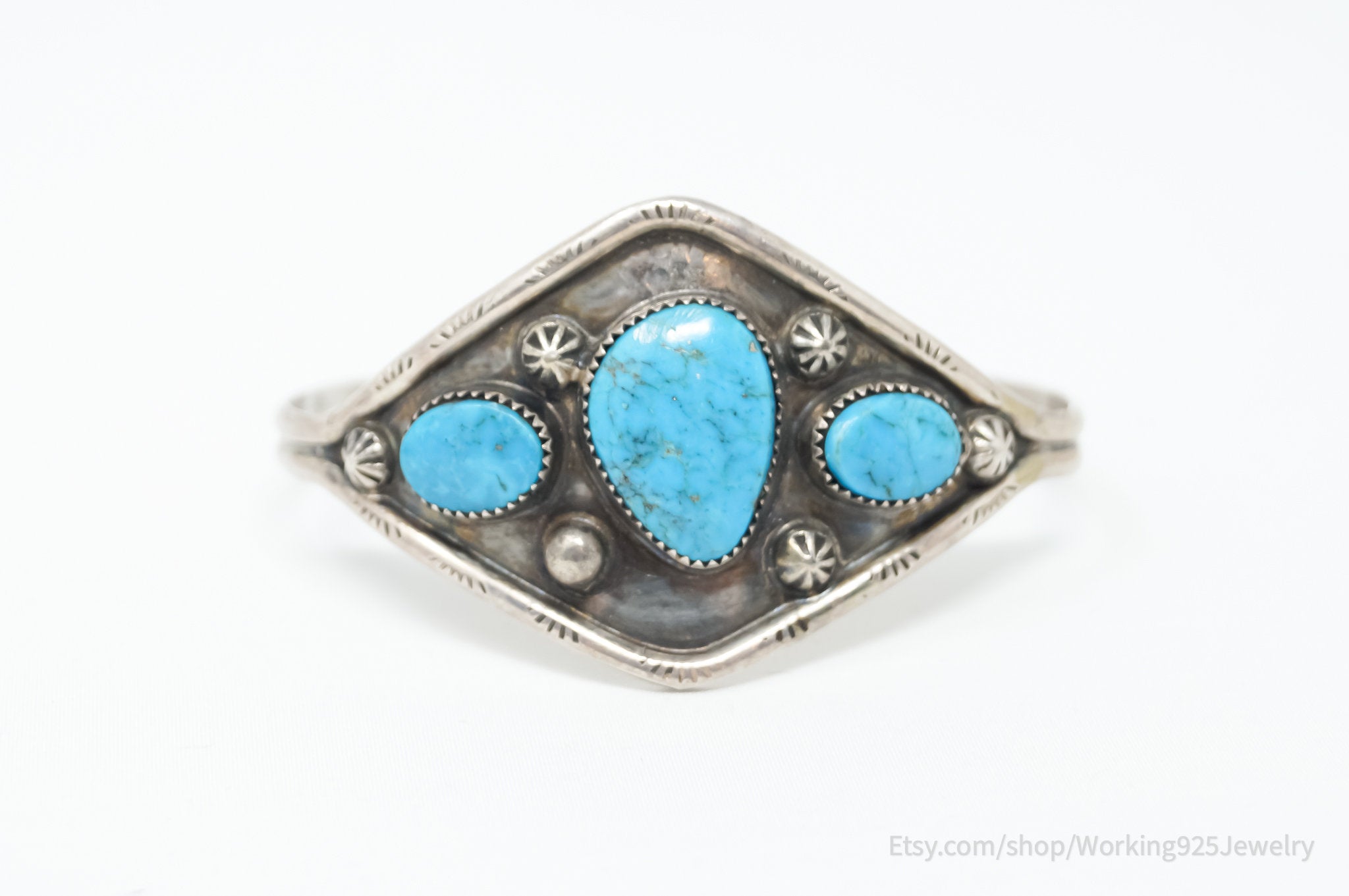 Vintage Native Handmade Unsigned Turquoise Sterling Silver Cuff Bracelet