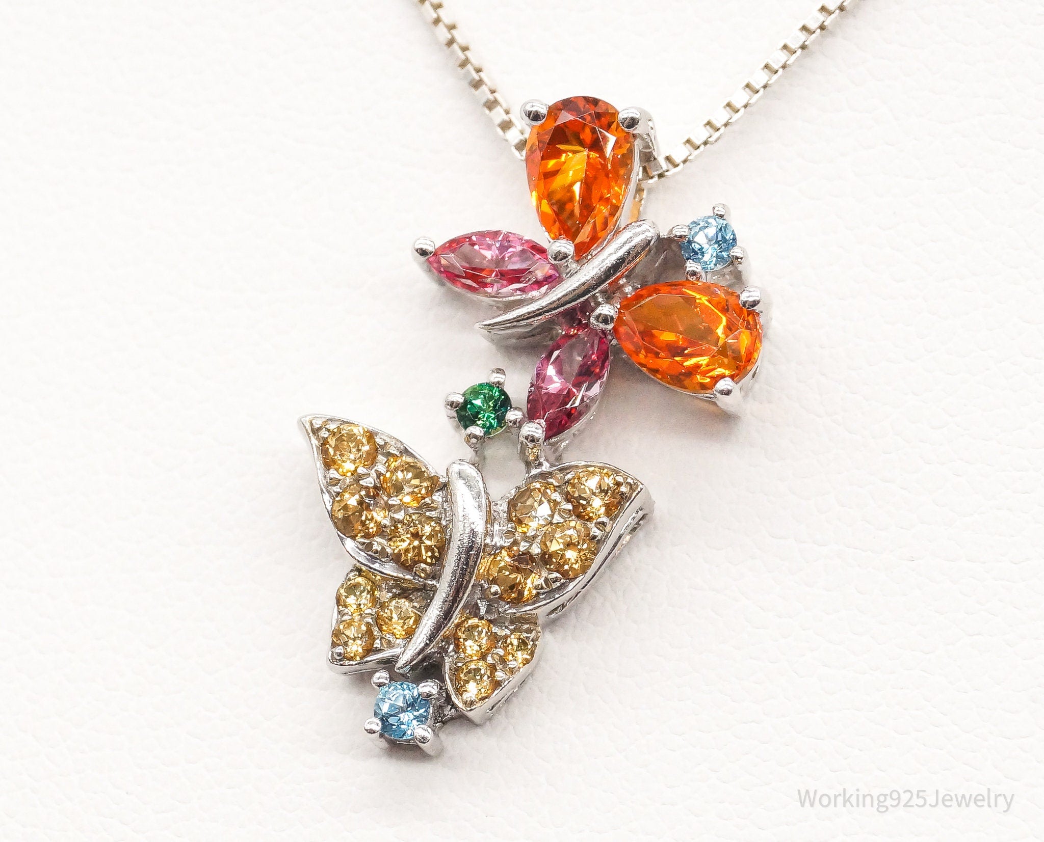 Vintage Multiple Gemstone Butterflies Sterling Silver Necklace