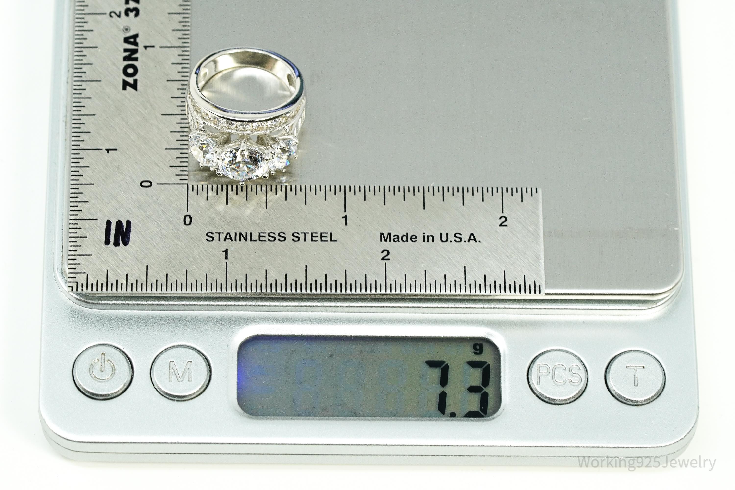 Vintage Large Cubic Zirconia Sterling Silver Ring - Size 5.25