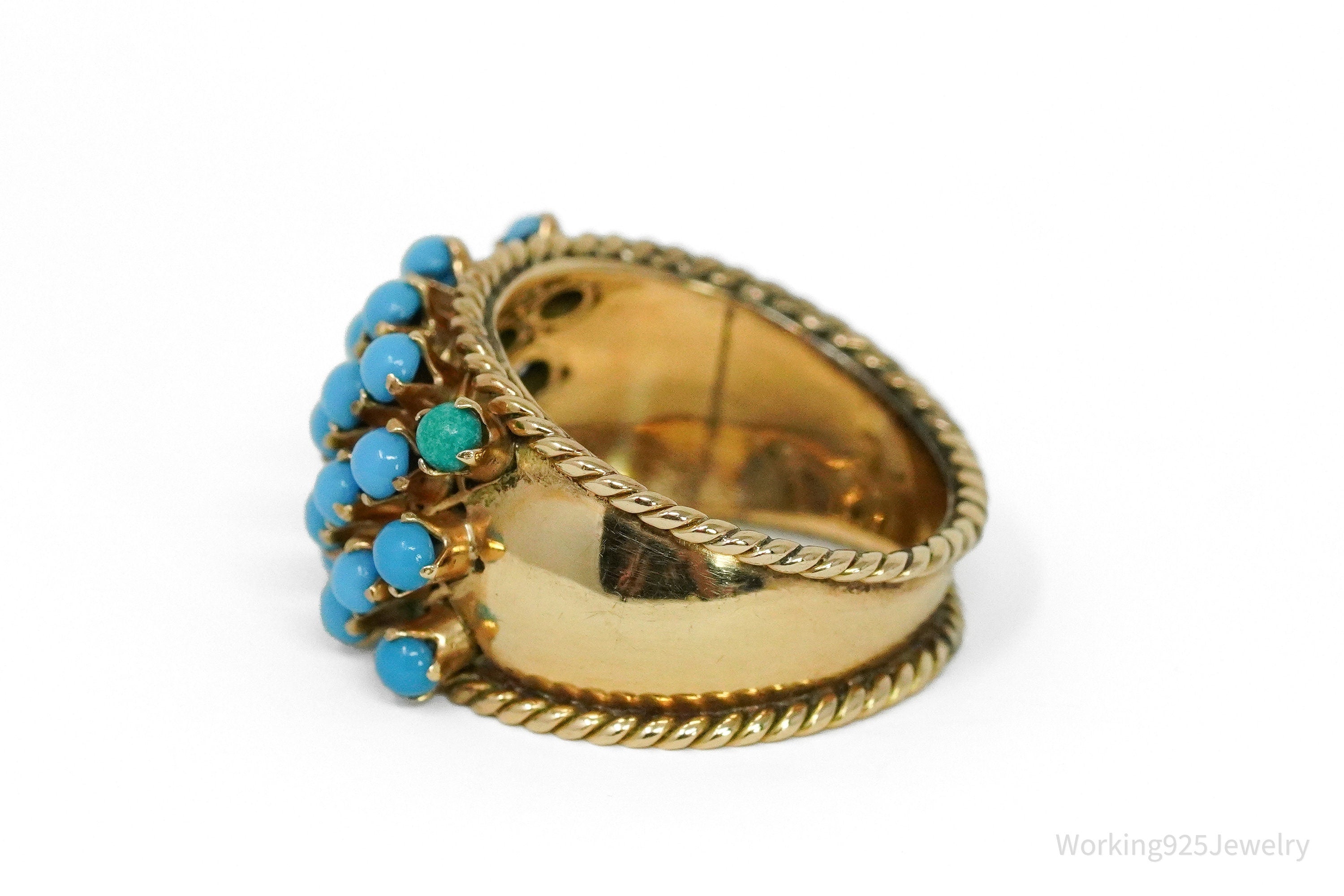 14K Yellow Gold & Turquoise Glass Cabochon Cocktail Ring - Size 6.25