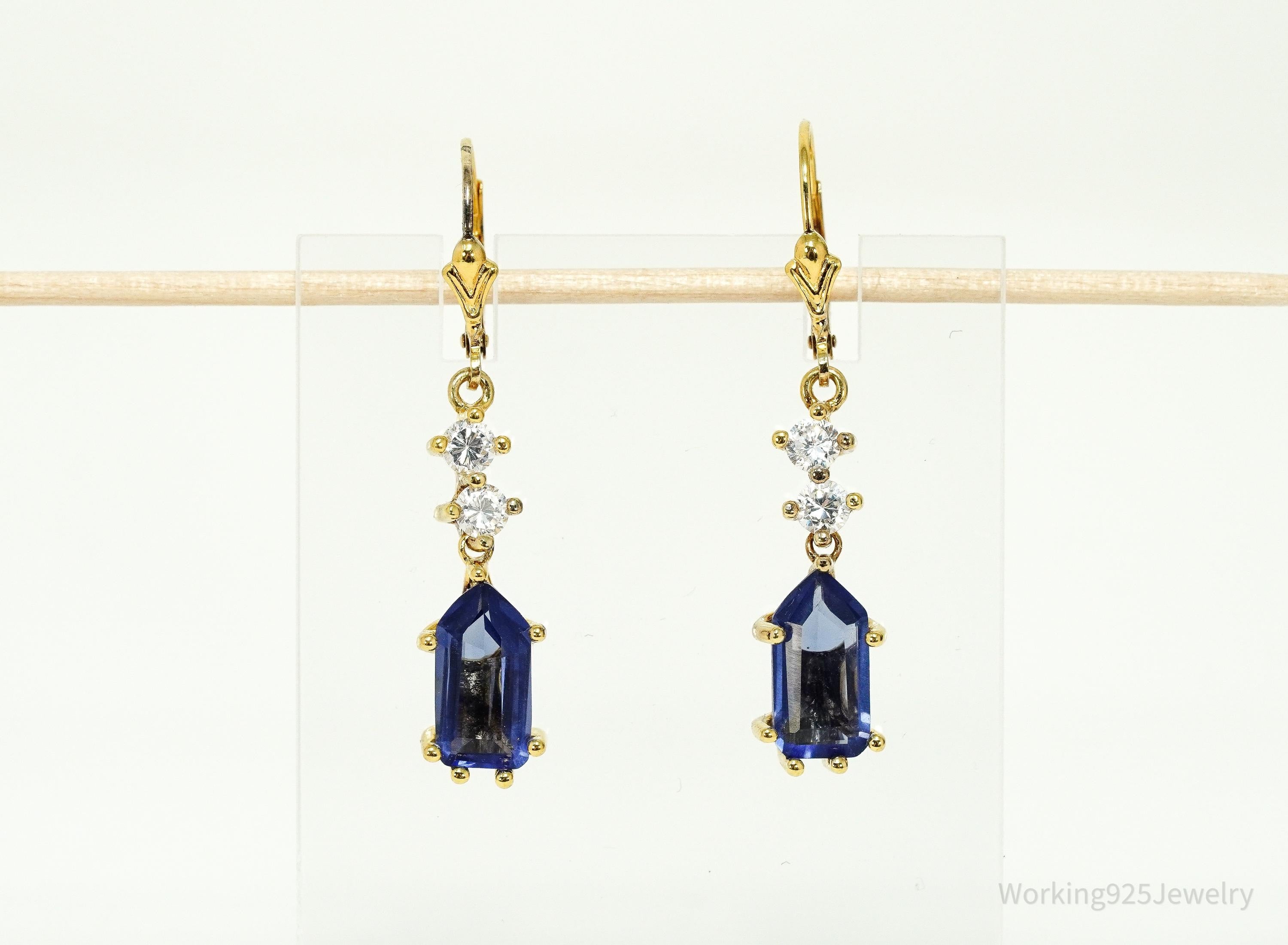 Vintage Lab Created Tanzanite & Cubic Zirconia Gold Vermeil Sterling Silver Earrings