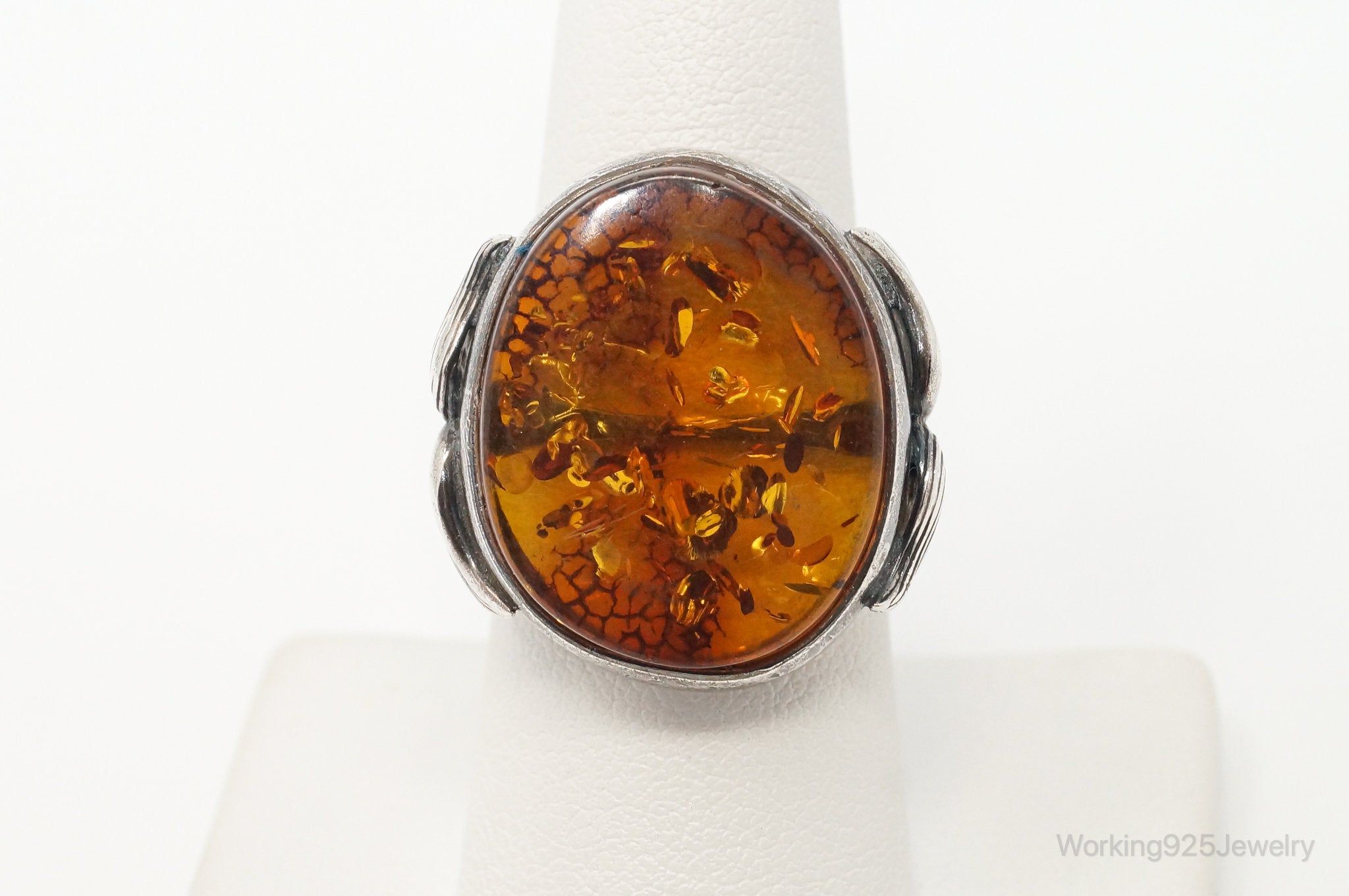 Vintage Large Honey Baltic Amber Sterling Silver Ring Size 7.5