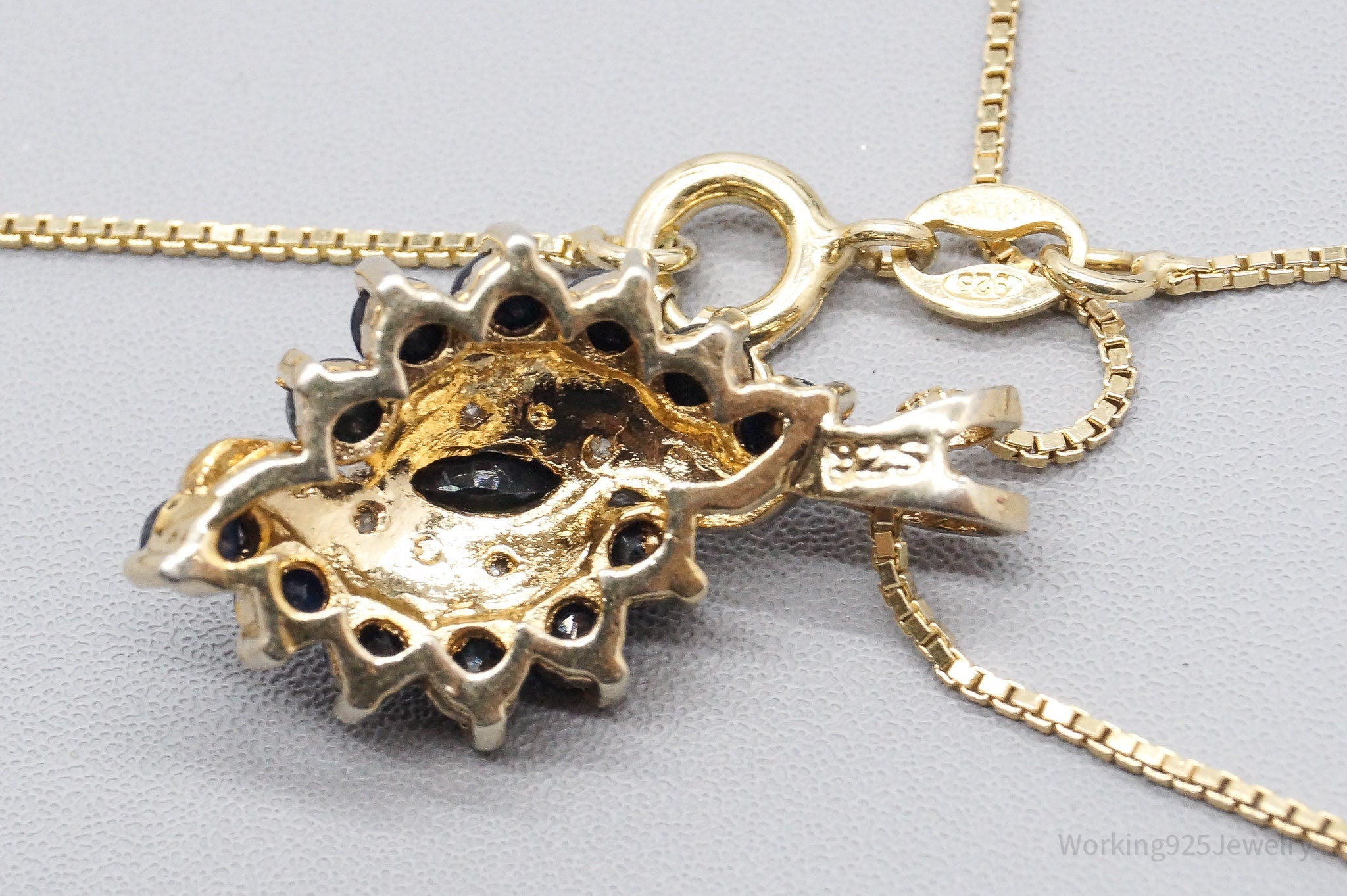 VTG Ross Simons Sapphires 4 Diamond Gold Vermeil Sterling Silver Necklace 24"