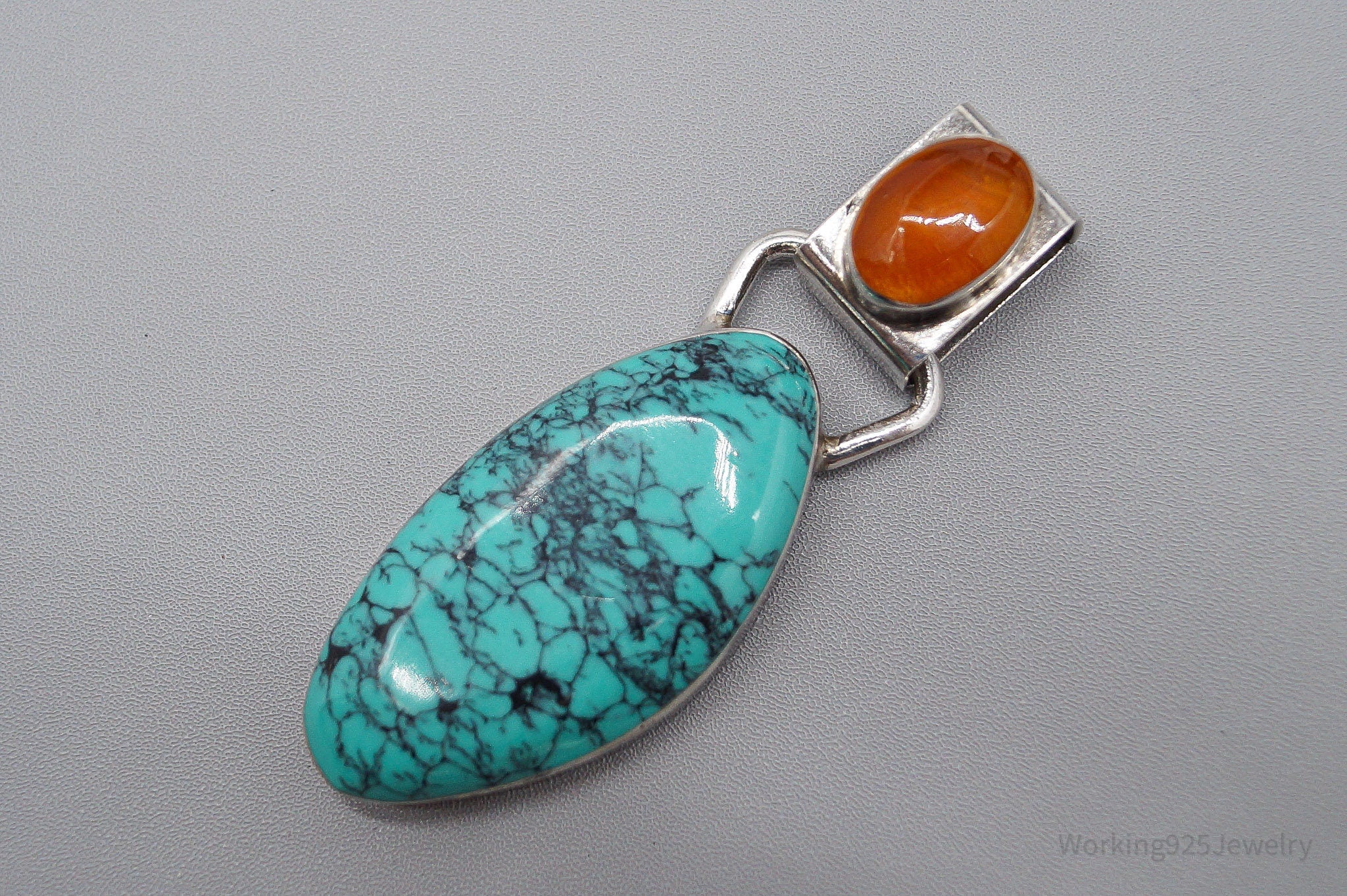 Large Vintage Mexico Modernist HOB Turquoise Carnelian Sterling Silver Pendant
