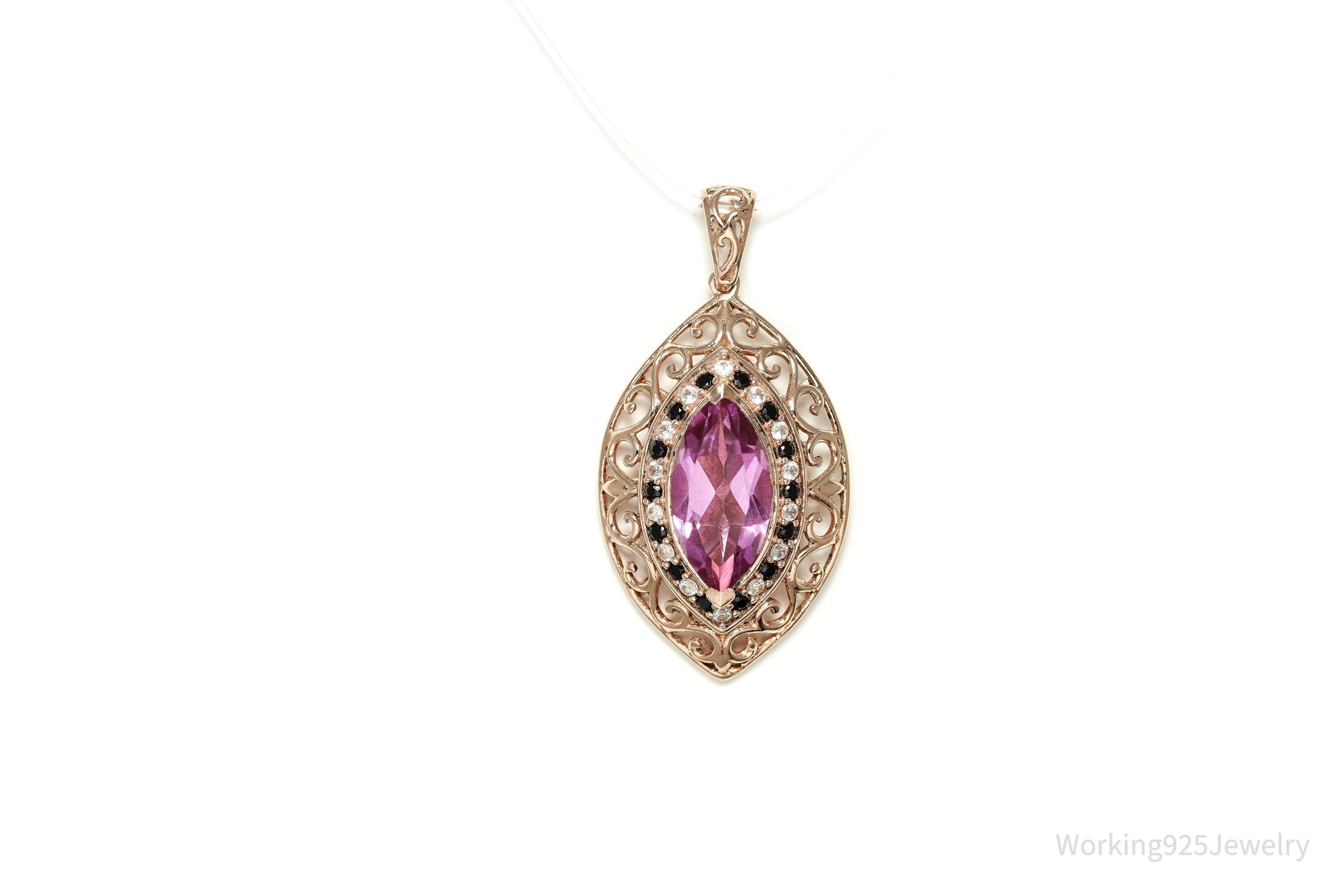 Pink Topaz Black Spinel Cubic Zirconia Rose Gold Vermeil Sterling Silver Necklace Pendant