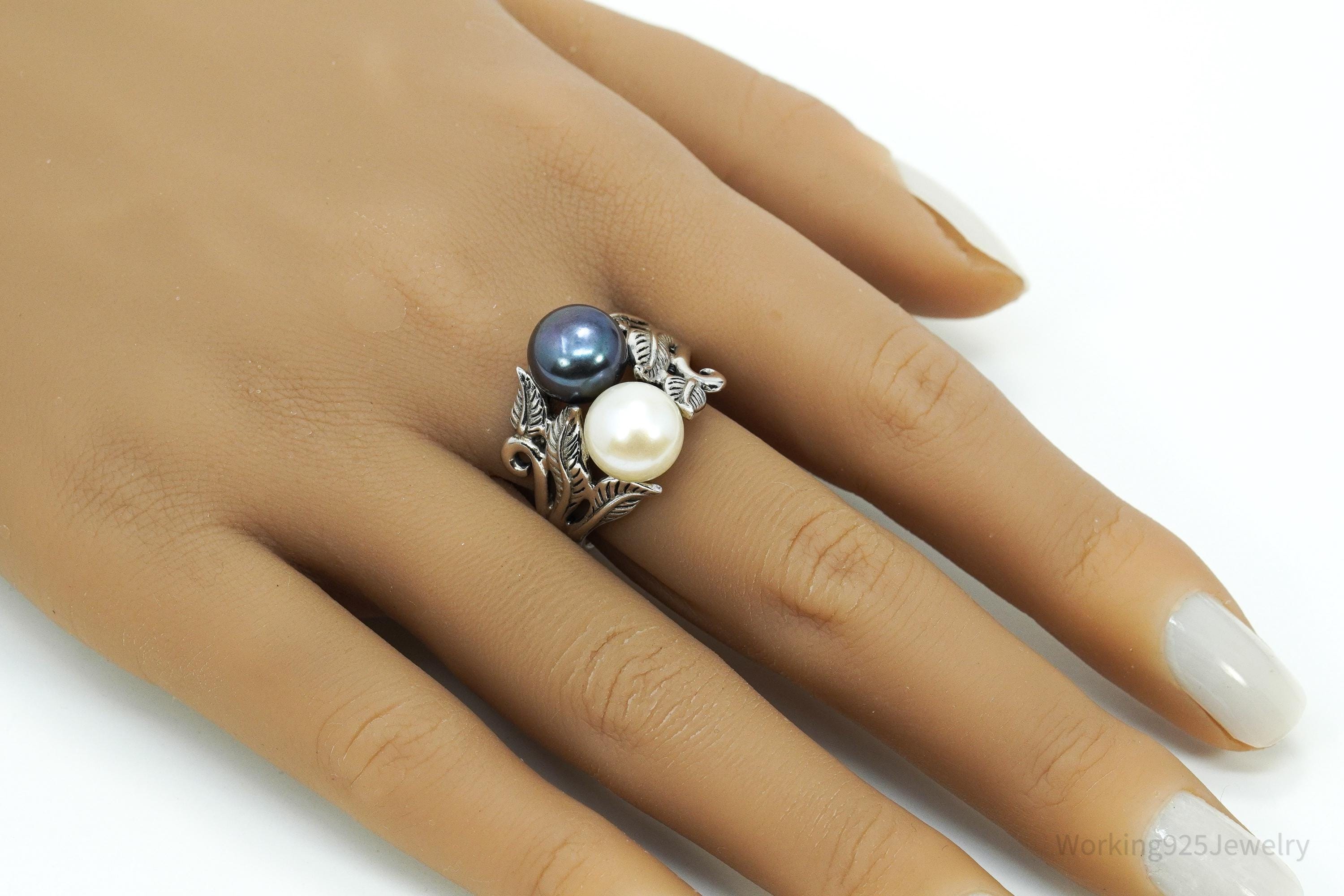 Vintage Designer CFJ White & Tahitian Pearl Sterling Silver Ring Size 10.75