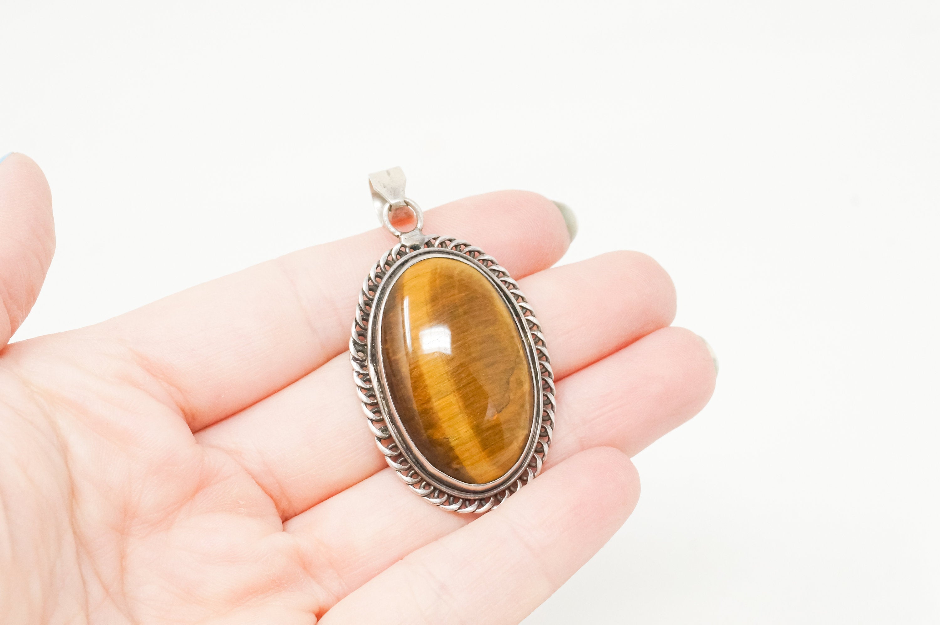 Vintage Large Southwestern Tigers Eye Sterling Silver Necklace Pendant