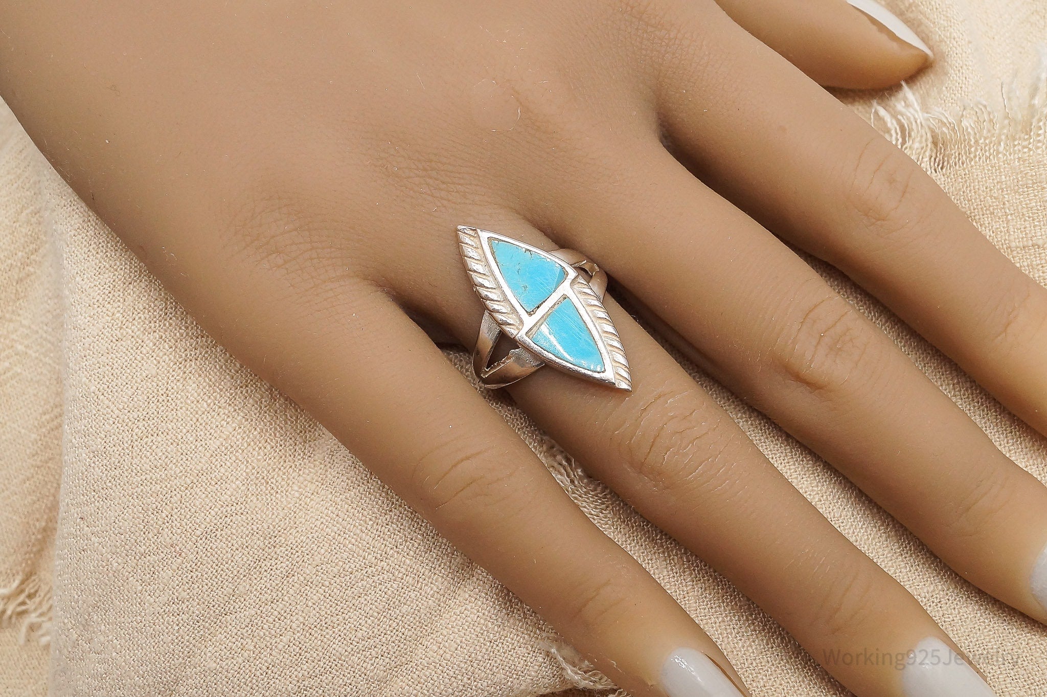 Vintage Native American Turquoise Inlay Silver Ring - Size 7.25