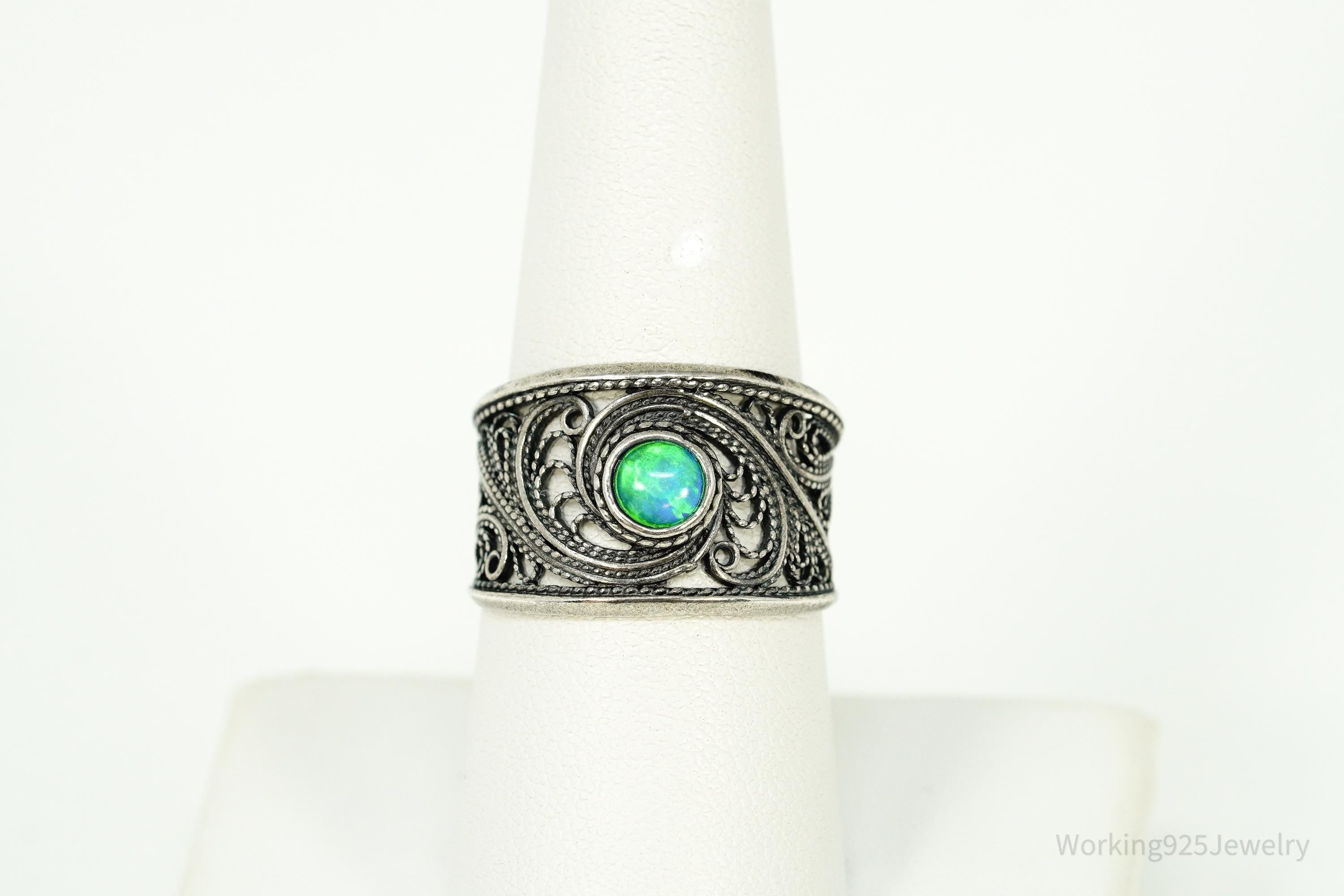 Vintage Opal Sterling Silver Filigree Ring - Size 8.25