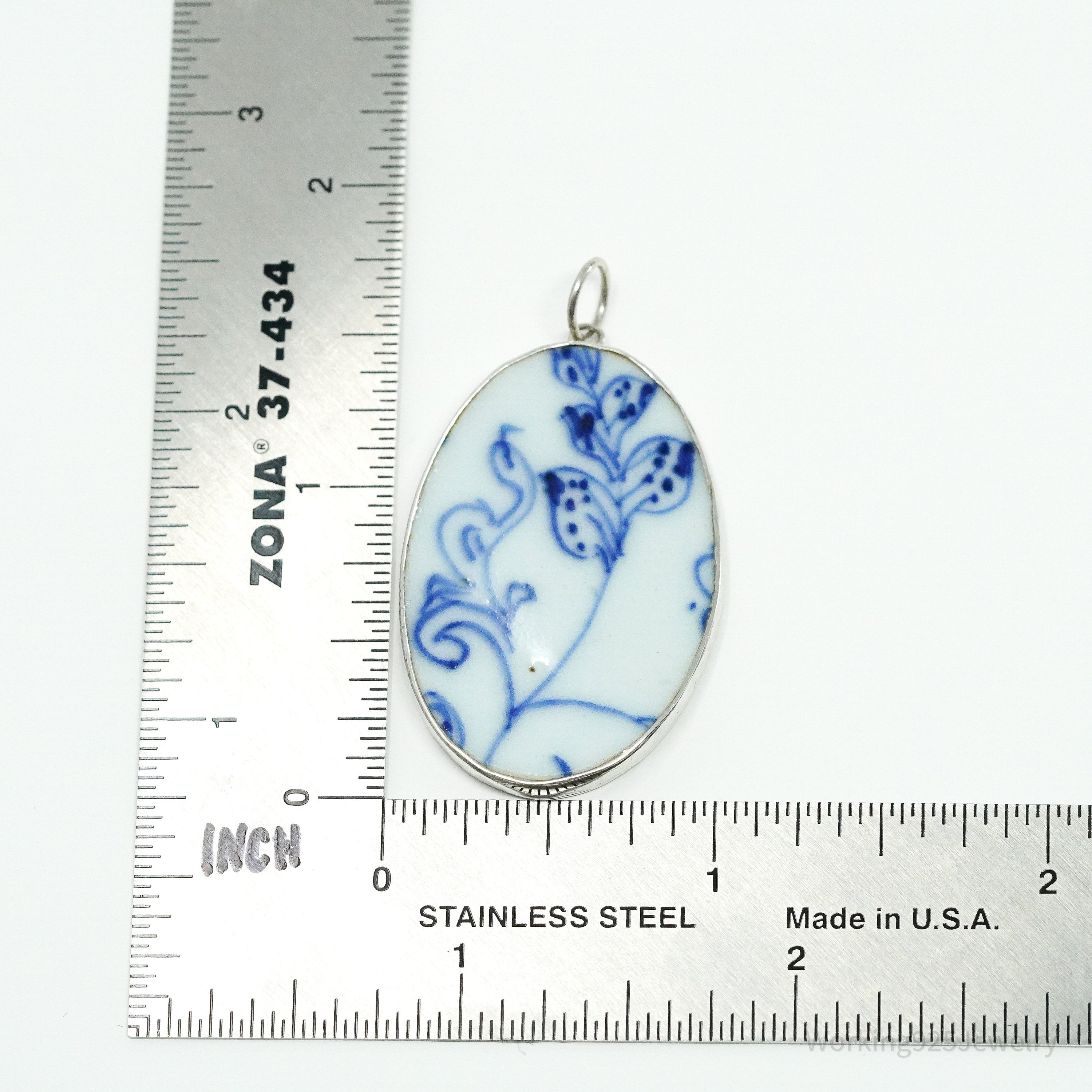 Vintage White Blue Ming Porcelain Sterling Silver Pendant