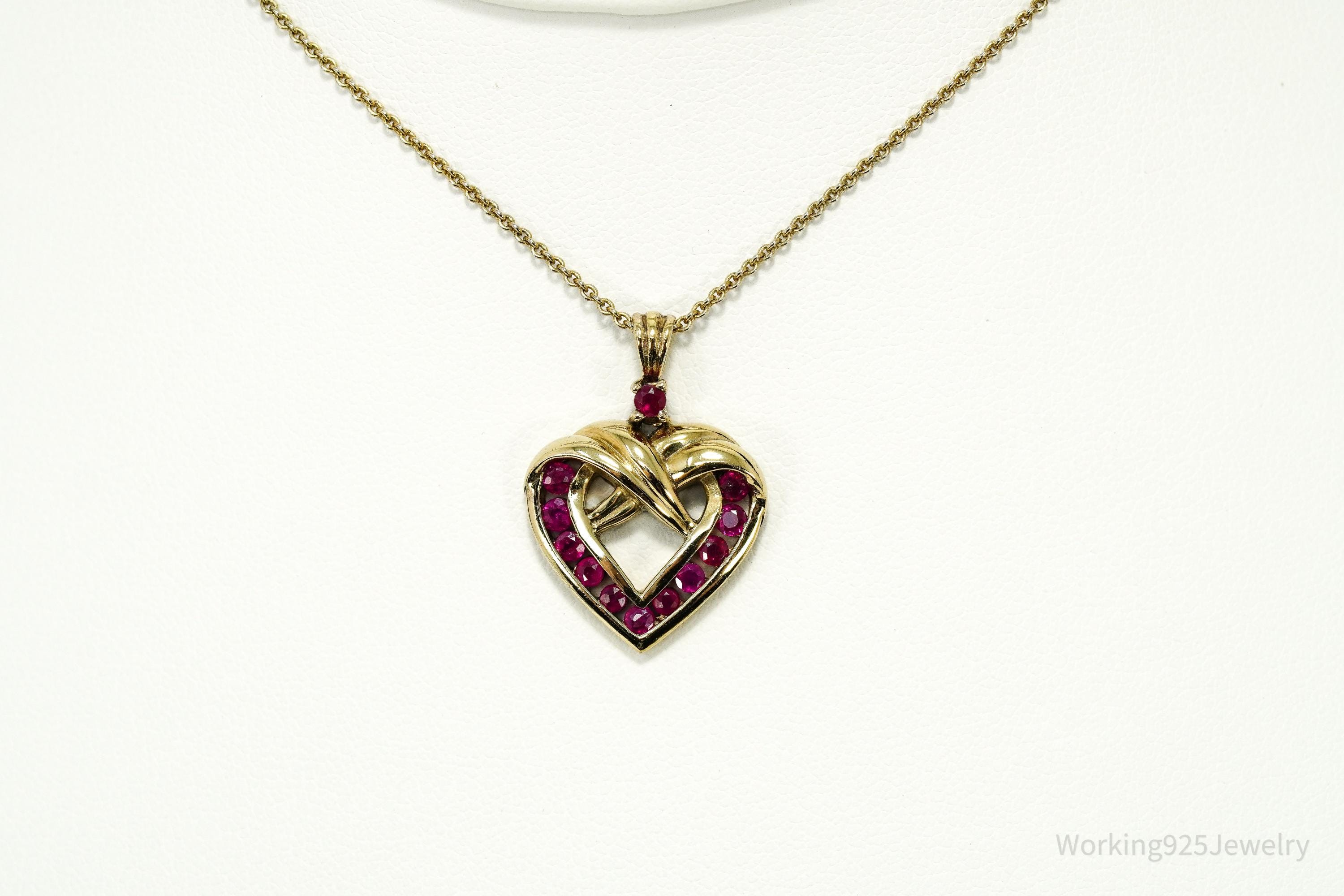 Vintage Ruby Gold Over Sterling Silver Heart Necklace 18"