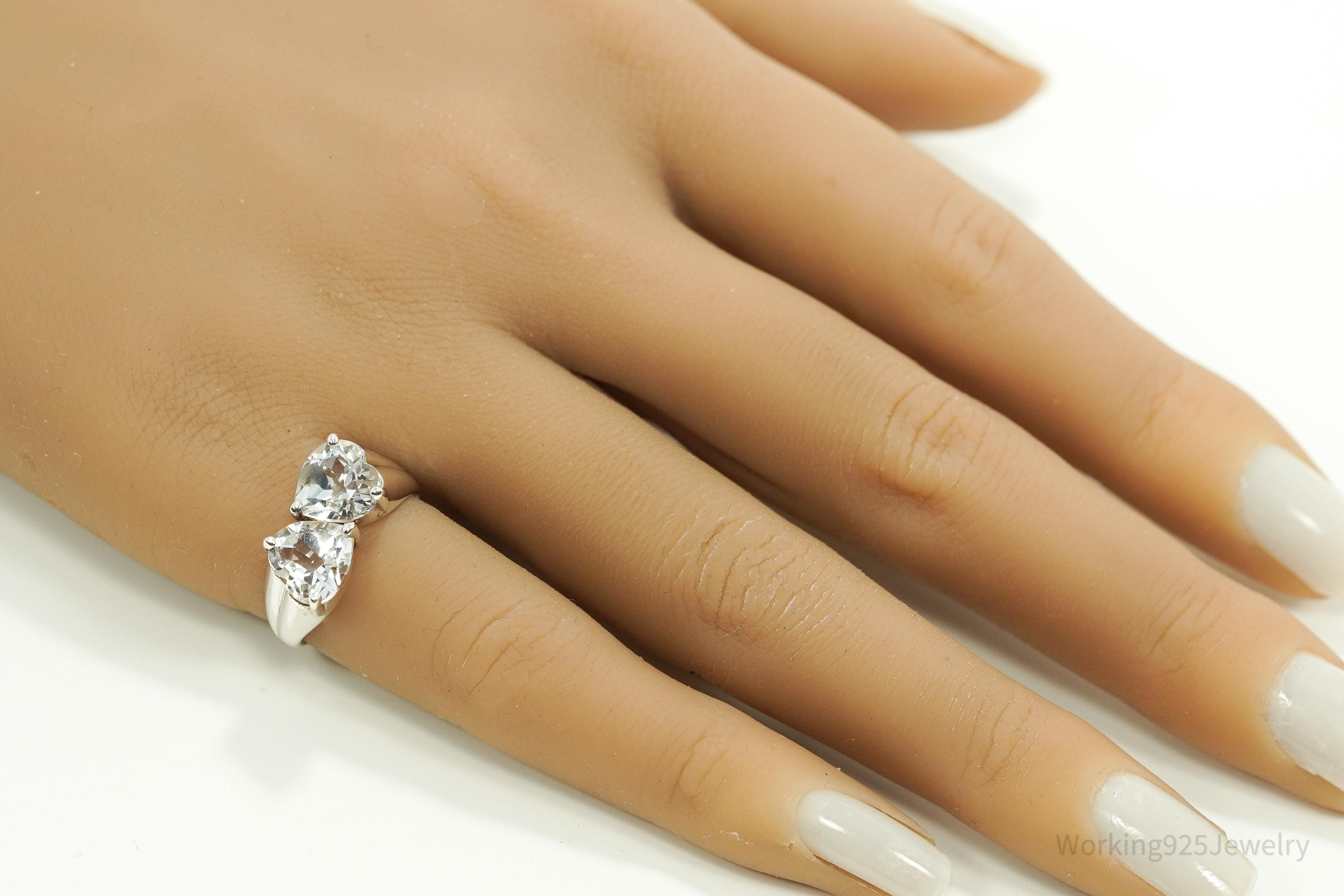 Vintage White Topaz Linked Hearts Sterling Silver Ring - Size 6