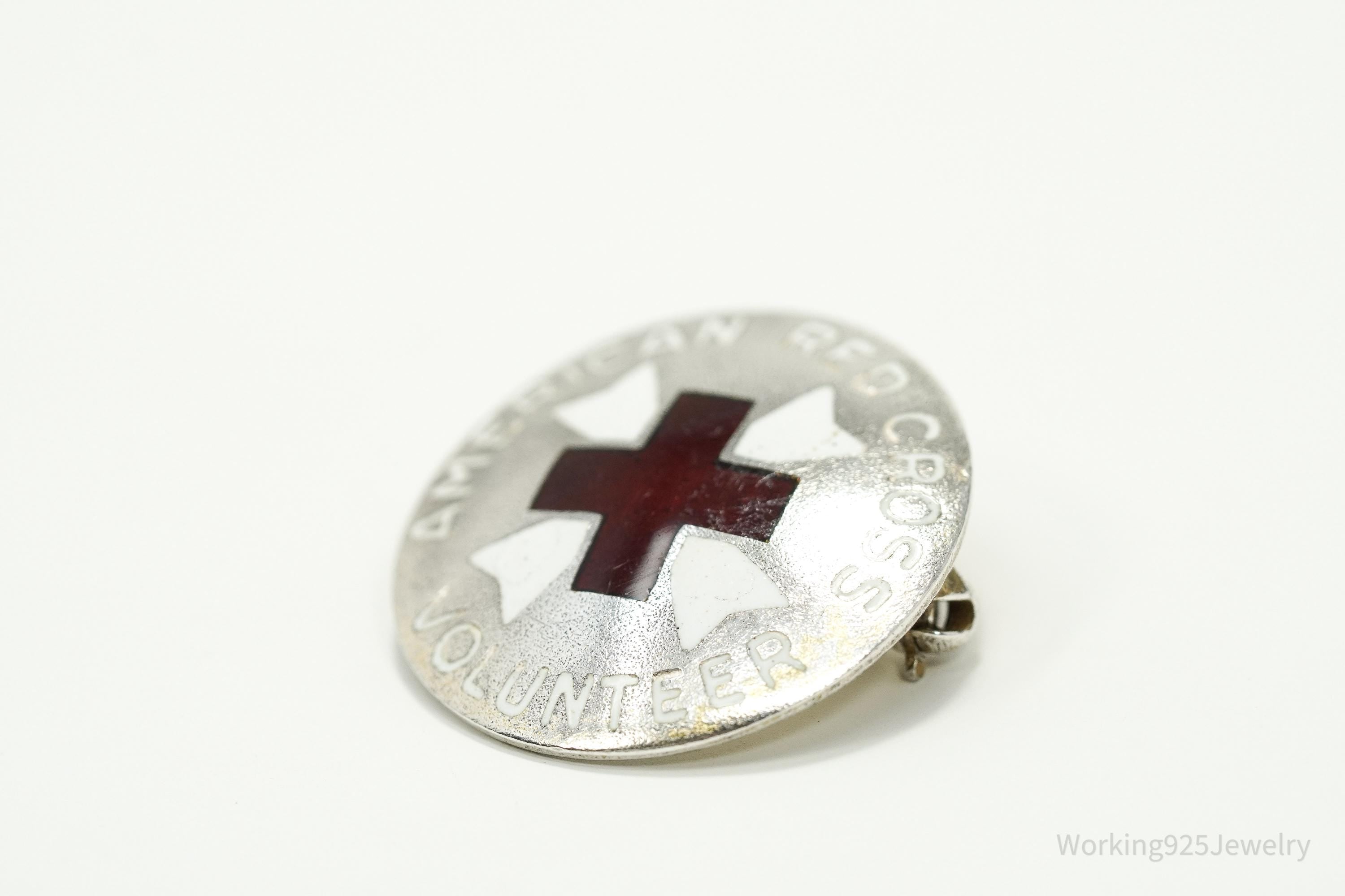 Antique 1920s American Red Cross Nurses Aide Volunteer Sterling Silver Brooch Pin Badge