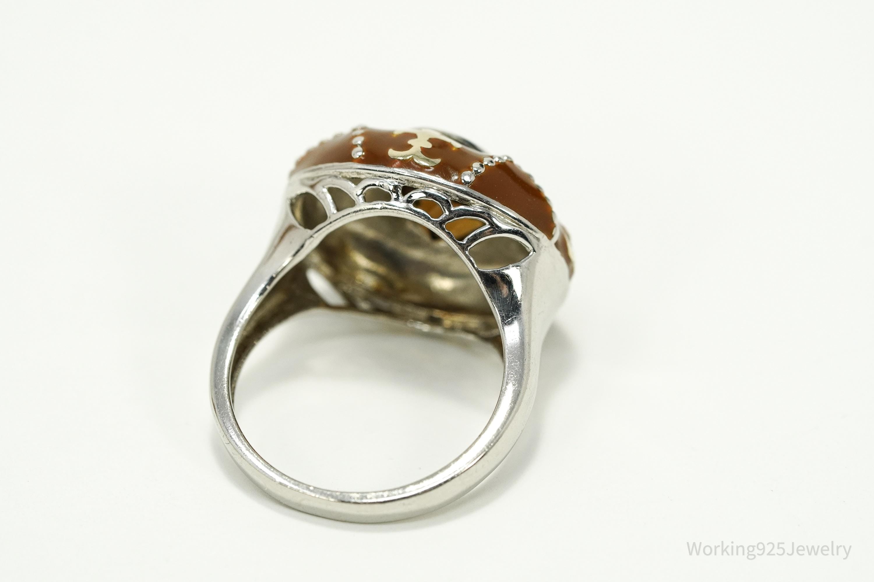 Vintage Y2K Smoky Topaz Enamel Dome Gold Vermeil Sterling Silver Ring Size 8