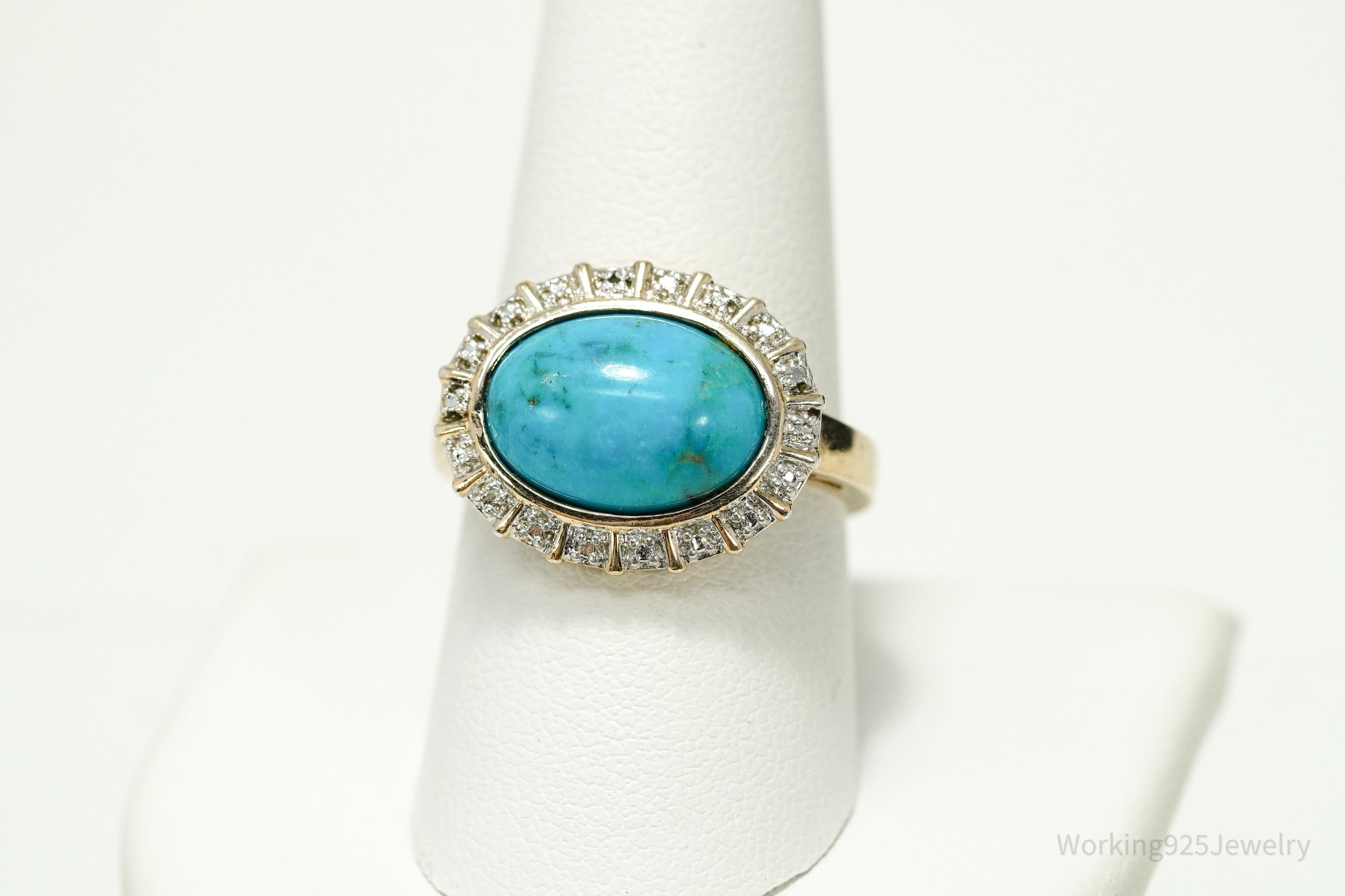 VTG Designer Ross Simons Turquoise & Diamond Gold Over Sterling Silver Ring - Size 9