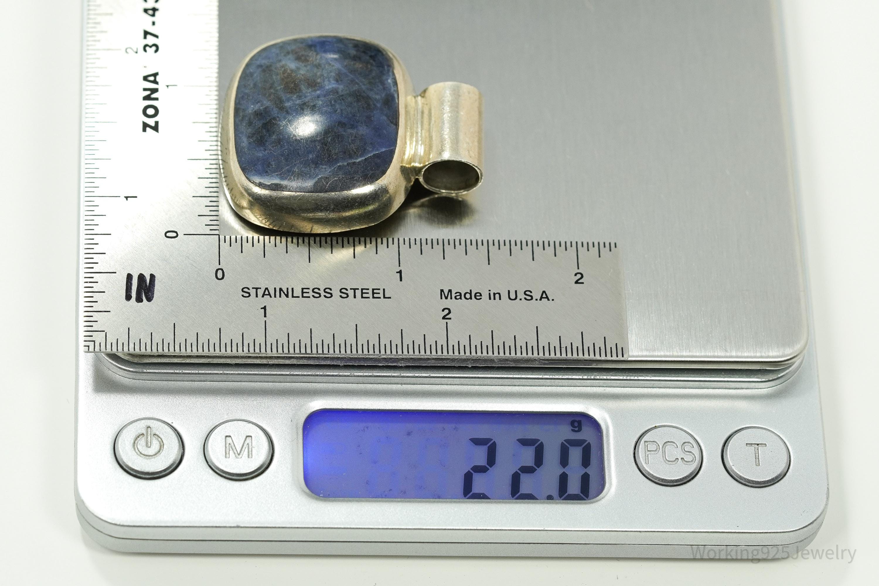 Vintage Large Mexico Modernist Style Sodalite Sterling Silver Pendant 1 9/16"