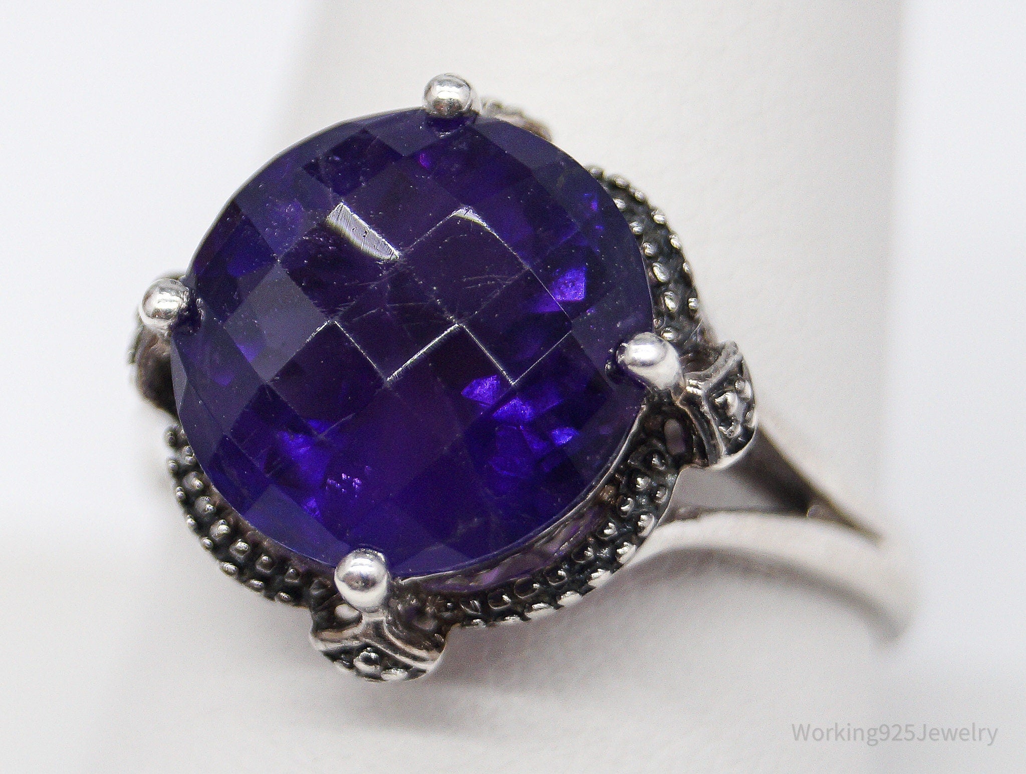 Vintage Amethyst & Diamond Sterling Silver Ring - Size 10