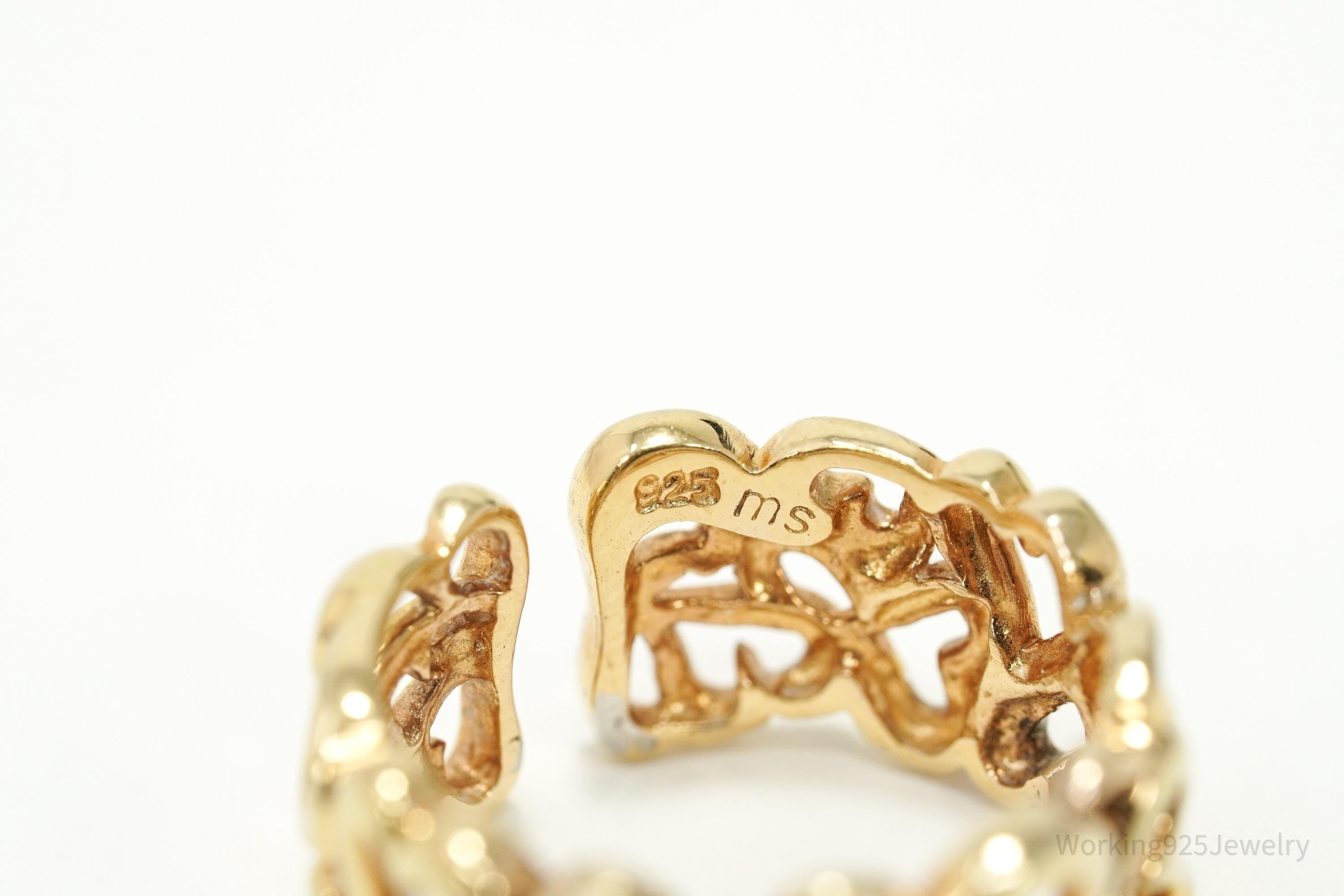 Vintage Gold Vermeil Hearts Wide Band Sterling Silver Ring Adjustable Sz 6.75