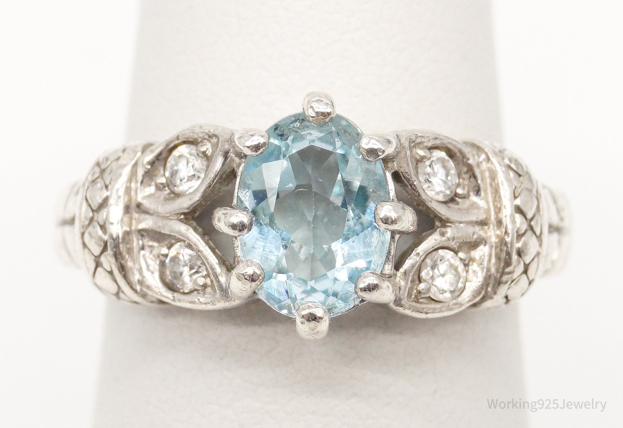 Vintage RJ Blue Topaz Cubic Zirconia Sterling Silver Ring - Size 6