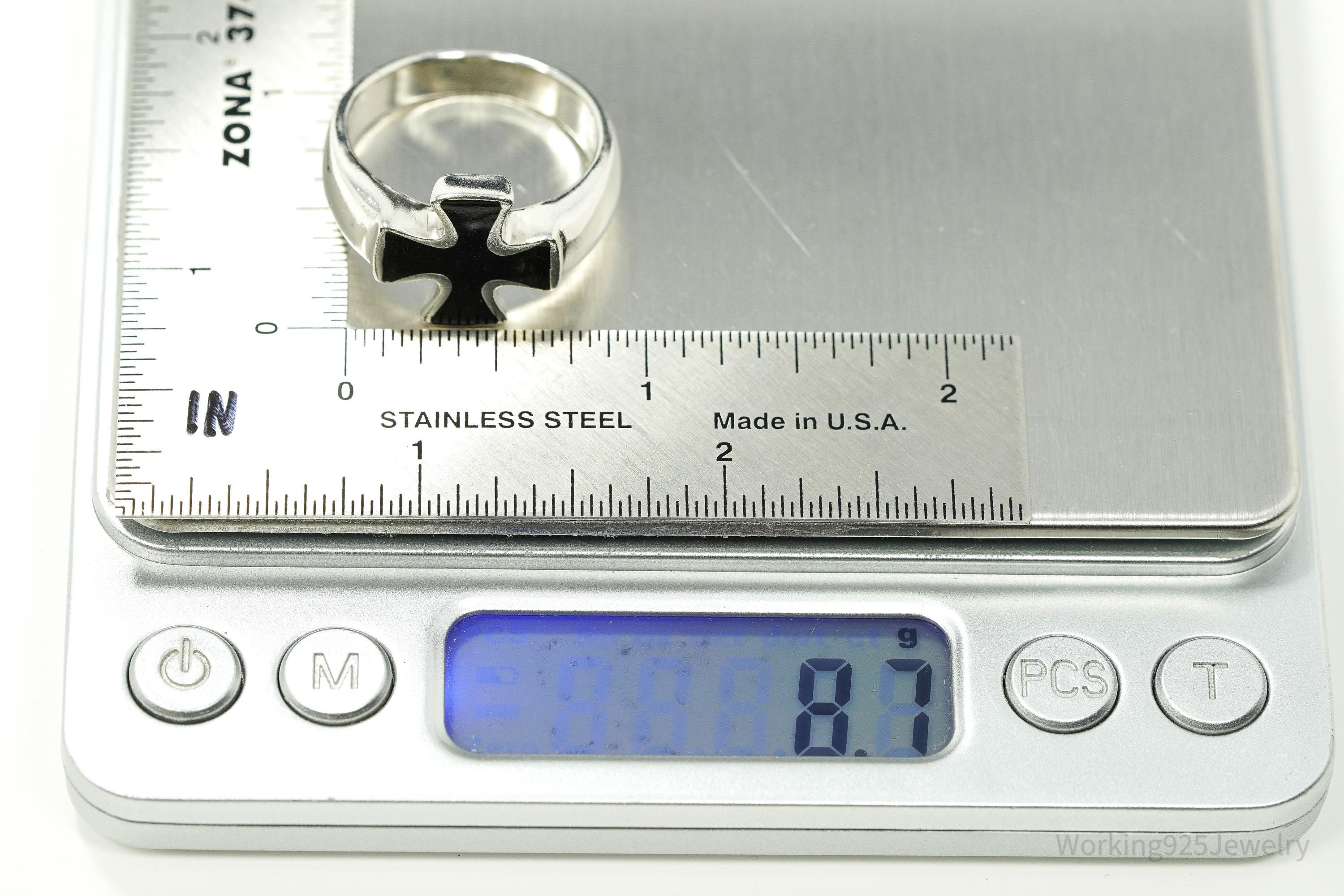 Vintage Black Inlay Iron Cross Sterling Silver Band Ring - Size 11.75