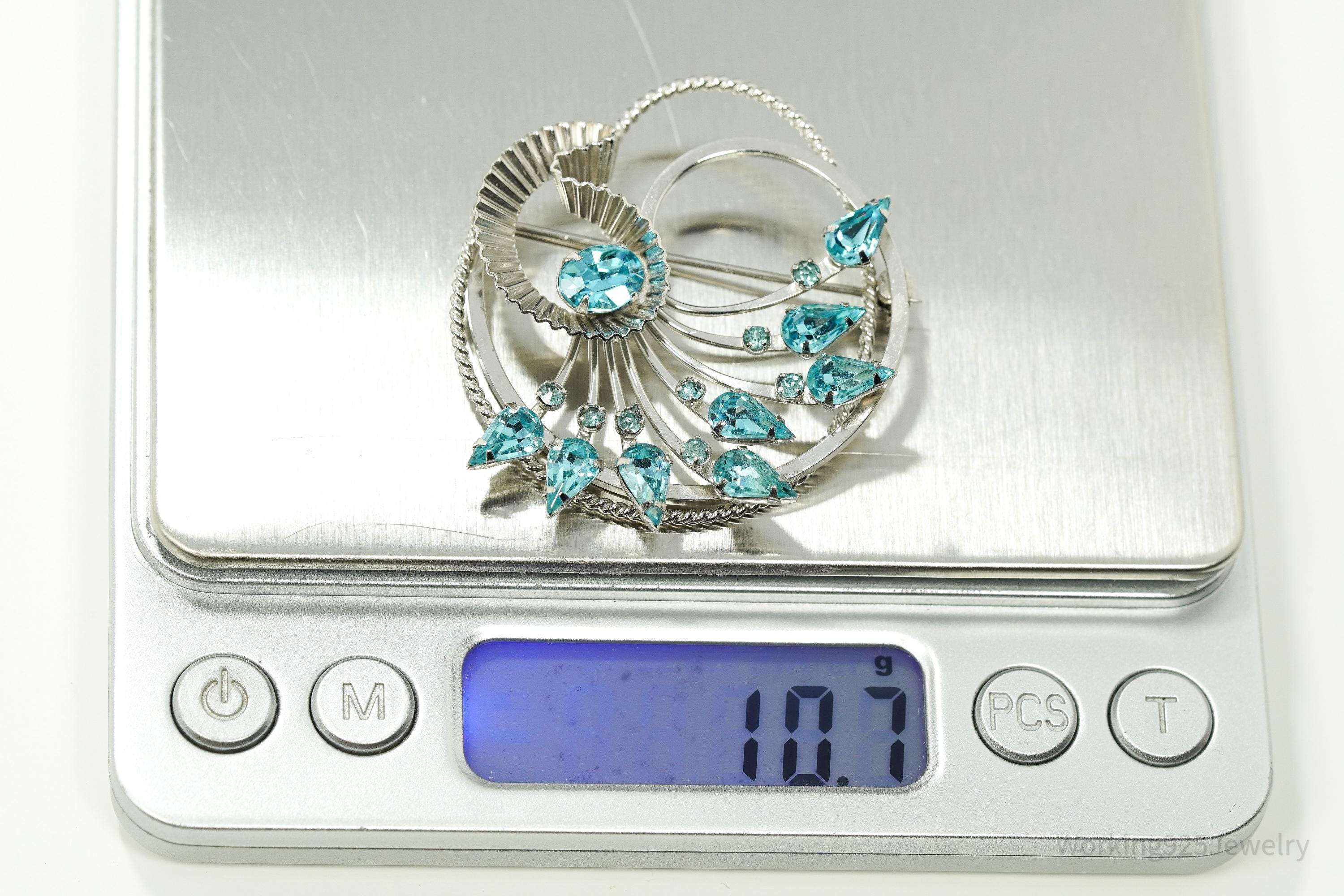 Vintage Designer BOND BOYD Blue Rhinestone Art Deco Sterling Silver Brooch Pin