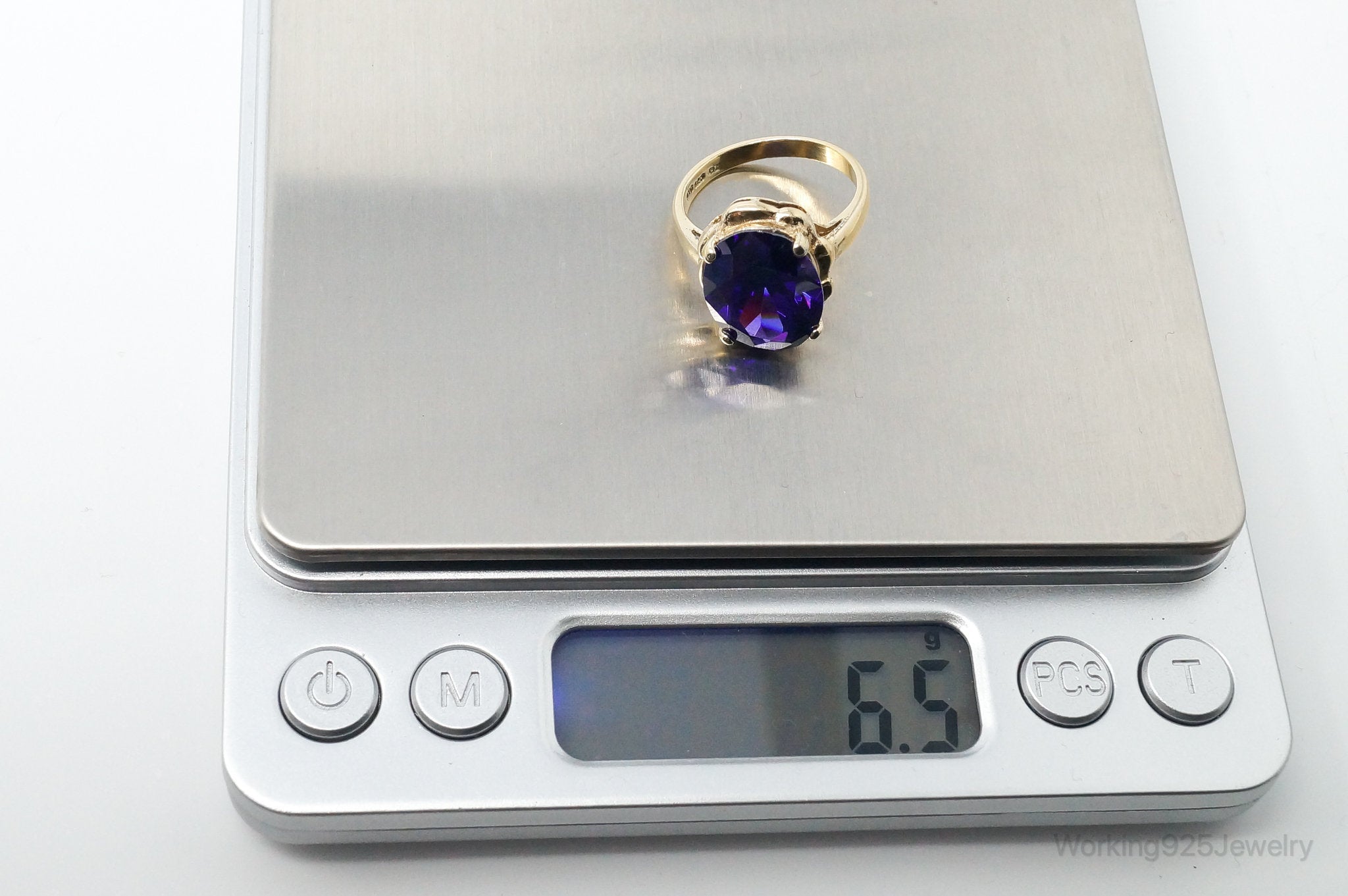 Vintage Large Purple Cubic Zirconia Gold Vermeil Sterling Silver Ring Size 7.75