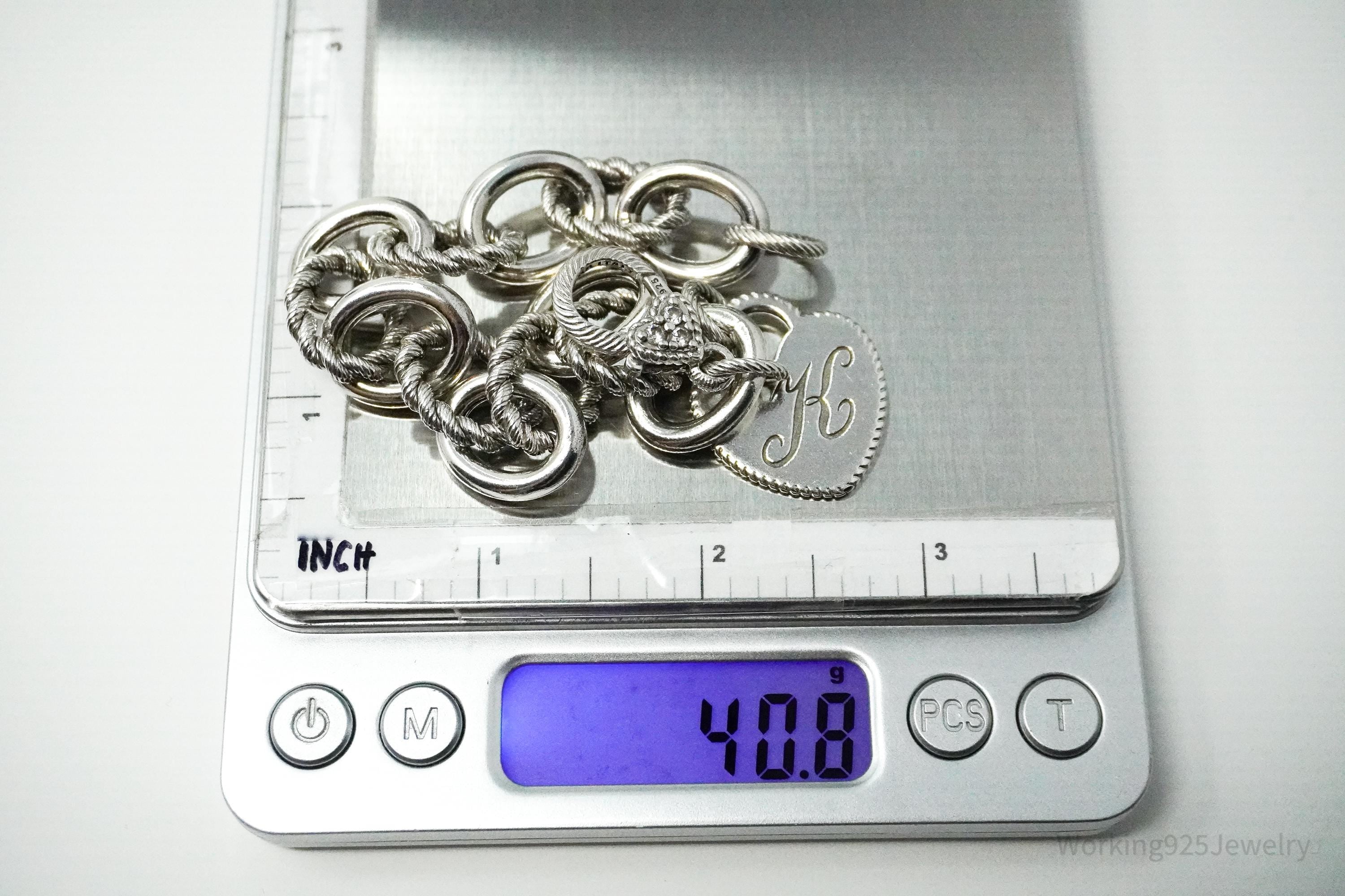 VTG Designer Judith Ripka Cubic Zirconia K Heart Tag Sterling Silver Bracelet 7 5/8"