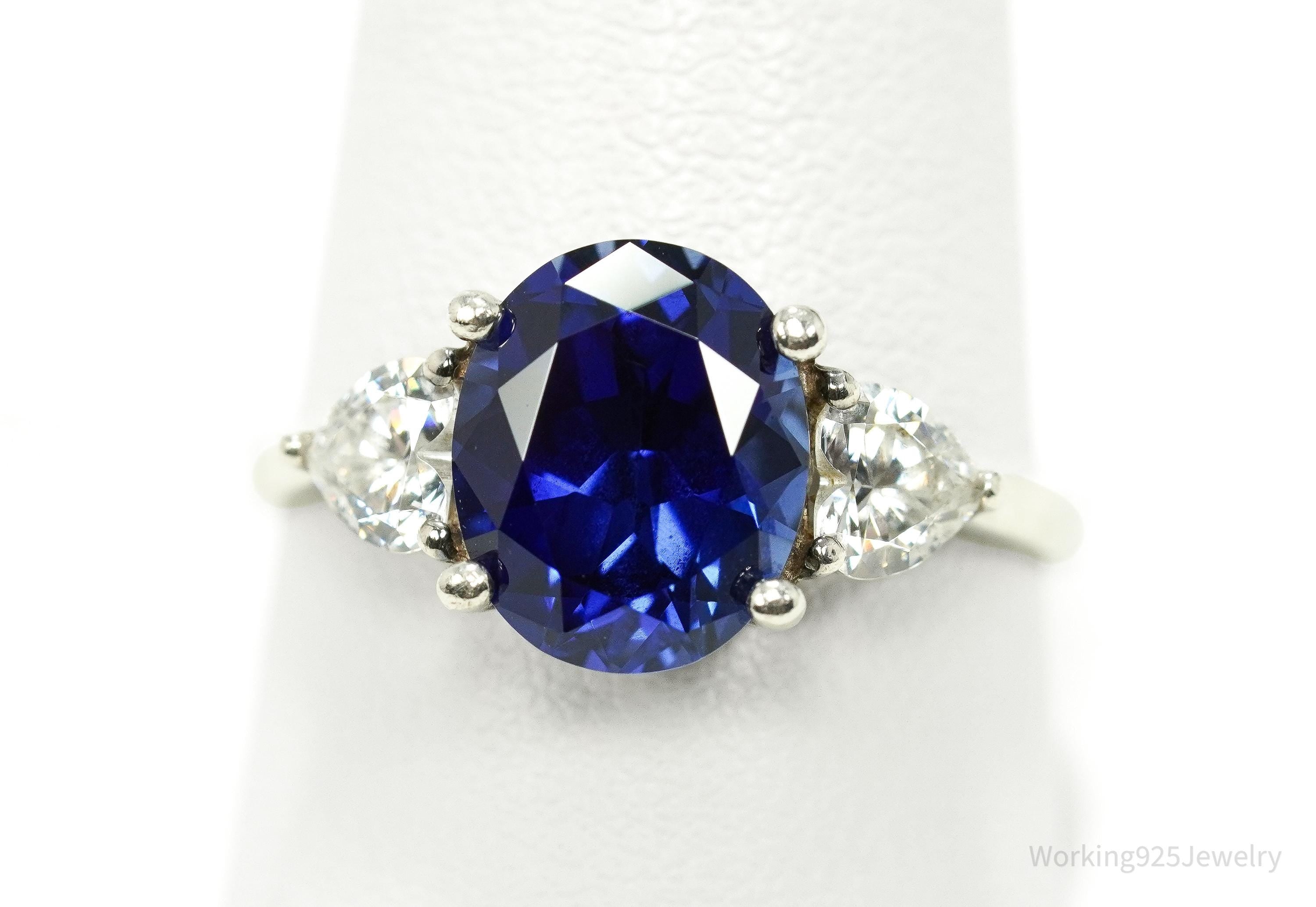 Vintage Lab Sapphire & Cubic Zirconia Sterling Silver Ring - Size 10.25