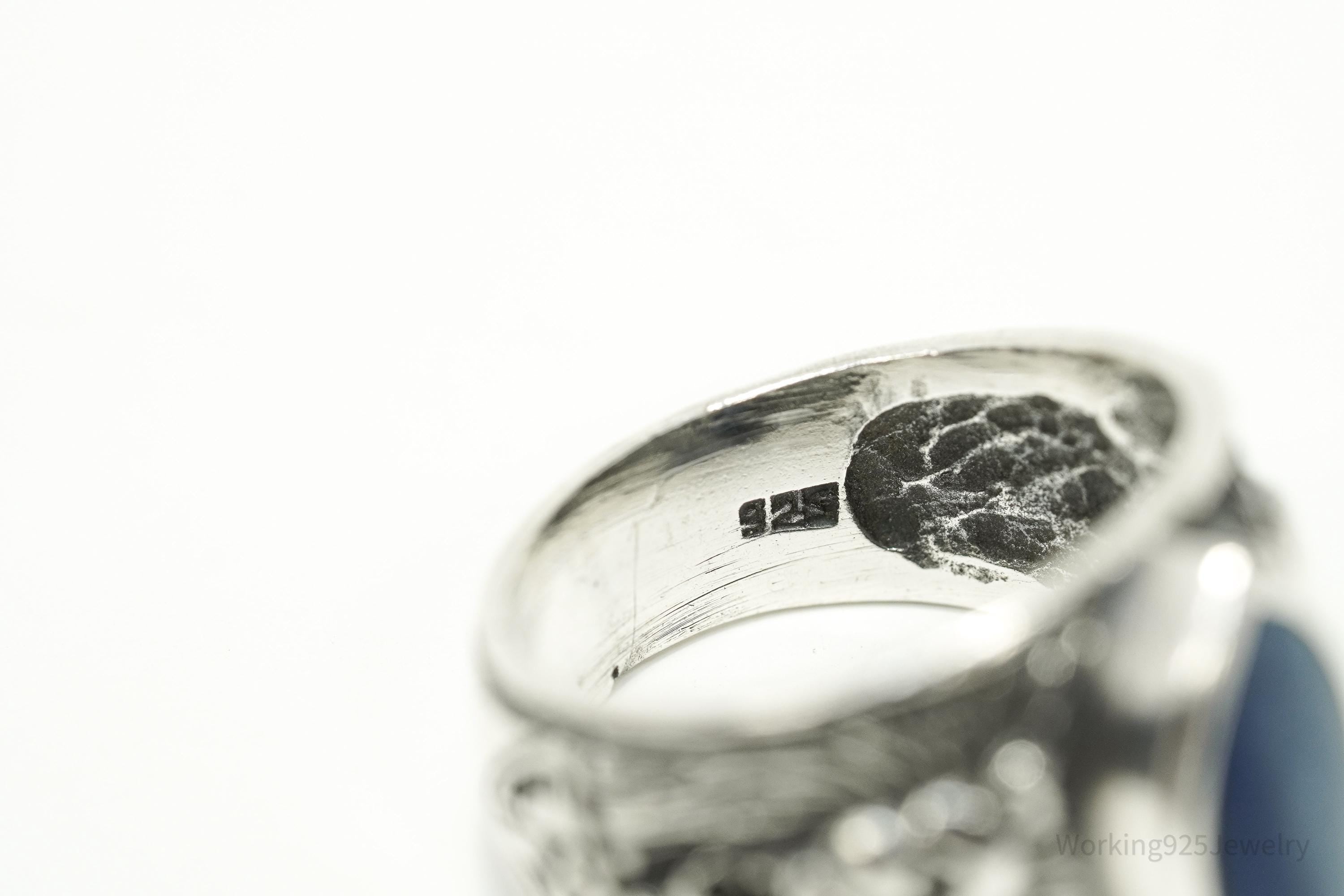 Vintage Blue Lapis Lazuli Lion Head Sterling Silver Ring - Size 6.5