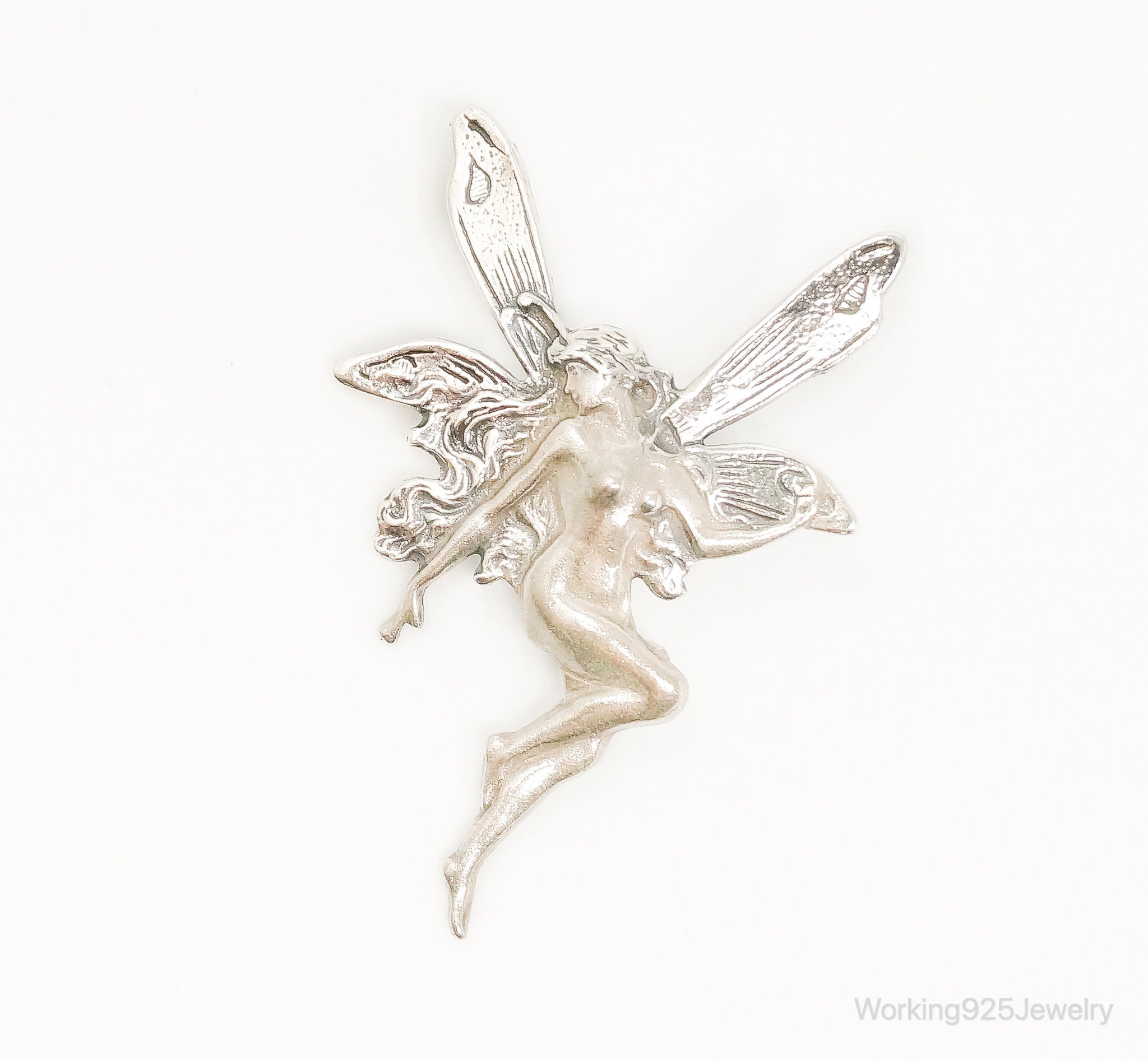 Vintage Fairy In Flight Sterling Silver Brooch Pin