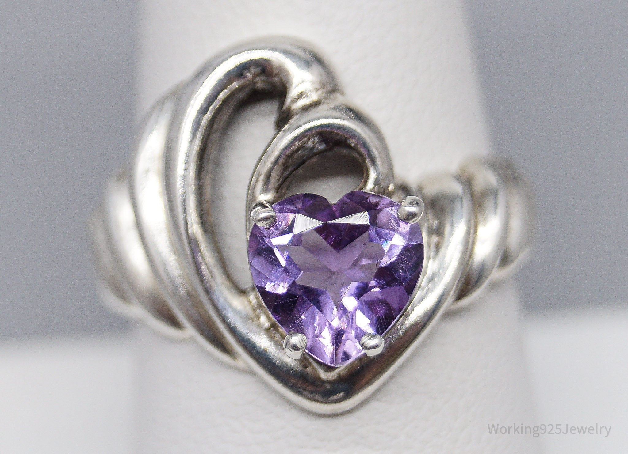 Vintage Amethyst Heart Sterling Silver Ring - Size 9