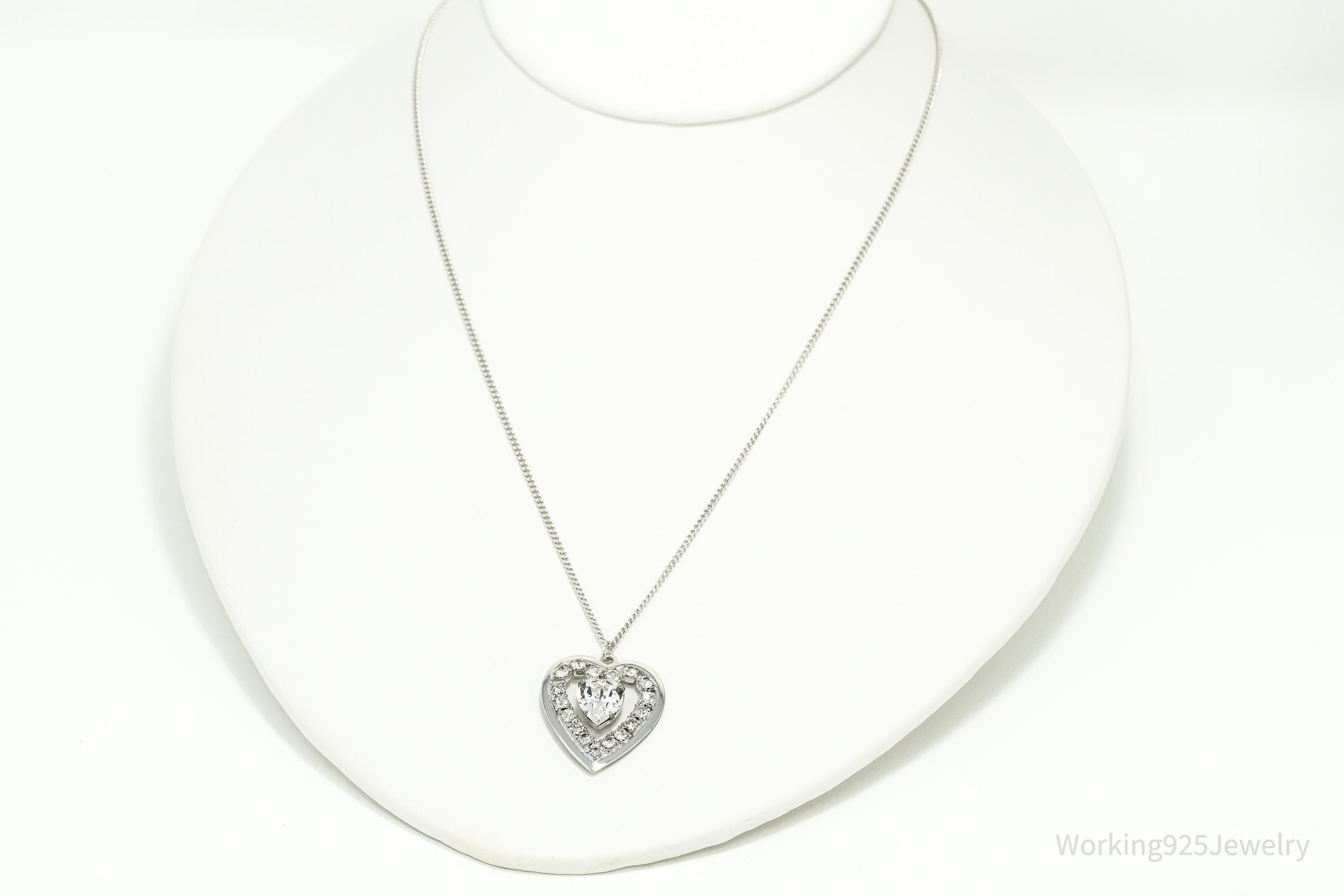 Vintage Faux Diamonds Sterling Silver Heart Chain Necklace 17"