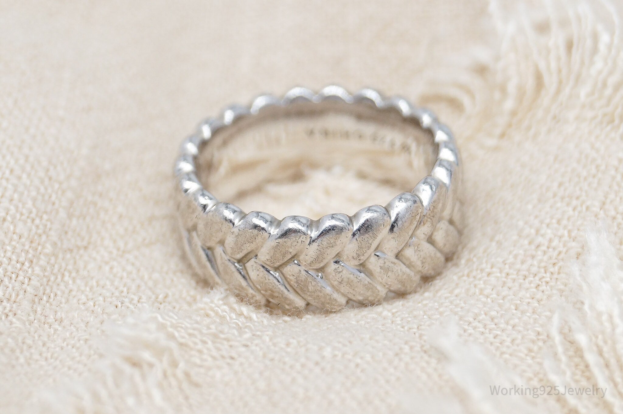 Vintage Braided Design Platinum Clad Sterling Silver Band Ring - Size 4.75