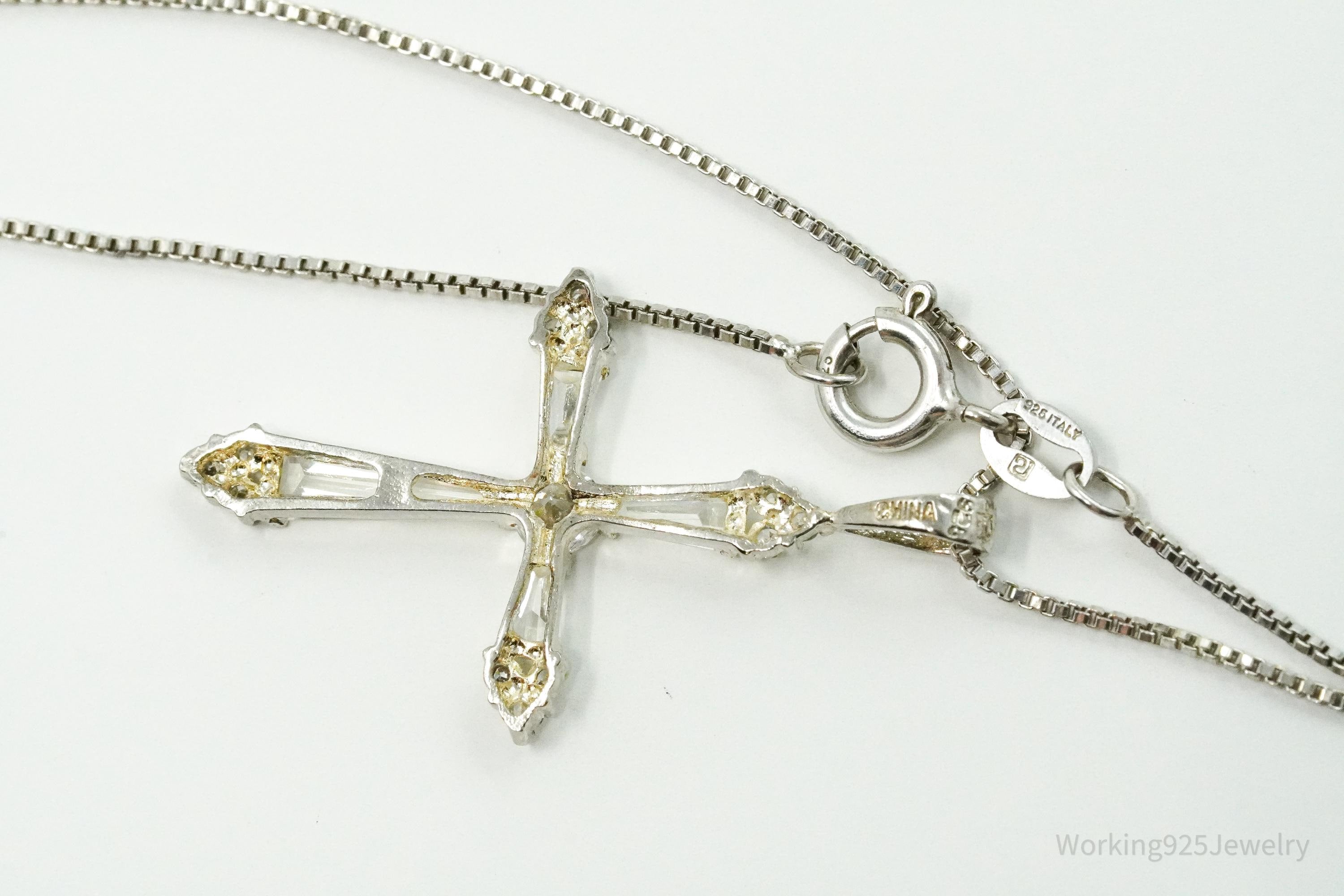 Vintage Ross Simons Cubic Zirconia Cross Sterling Silver Necklace 18"