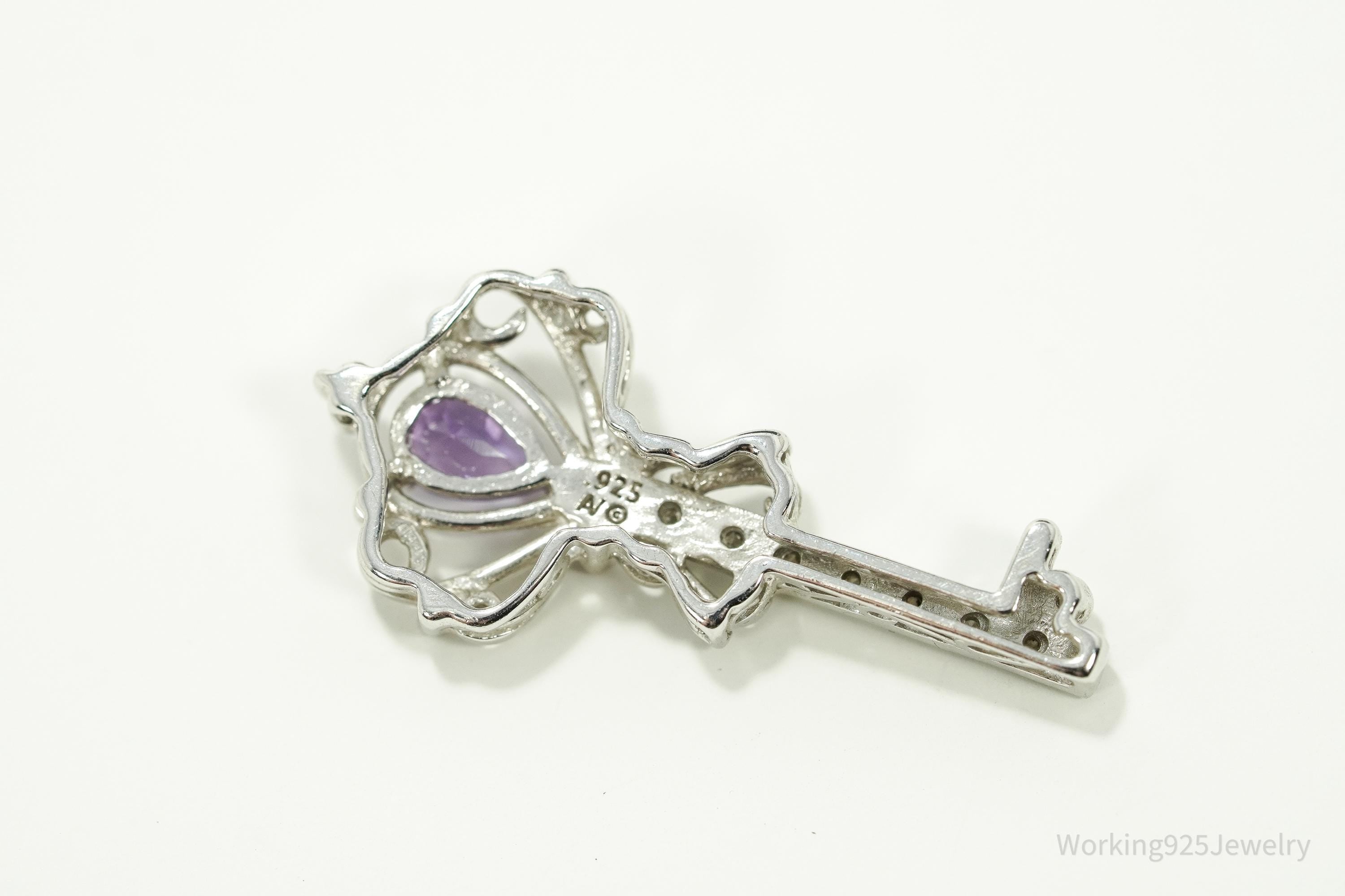 Vintage Large Designer Amethyst & Diamond Skelton Key Sterling Silver Necklace Pendant