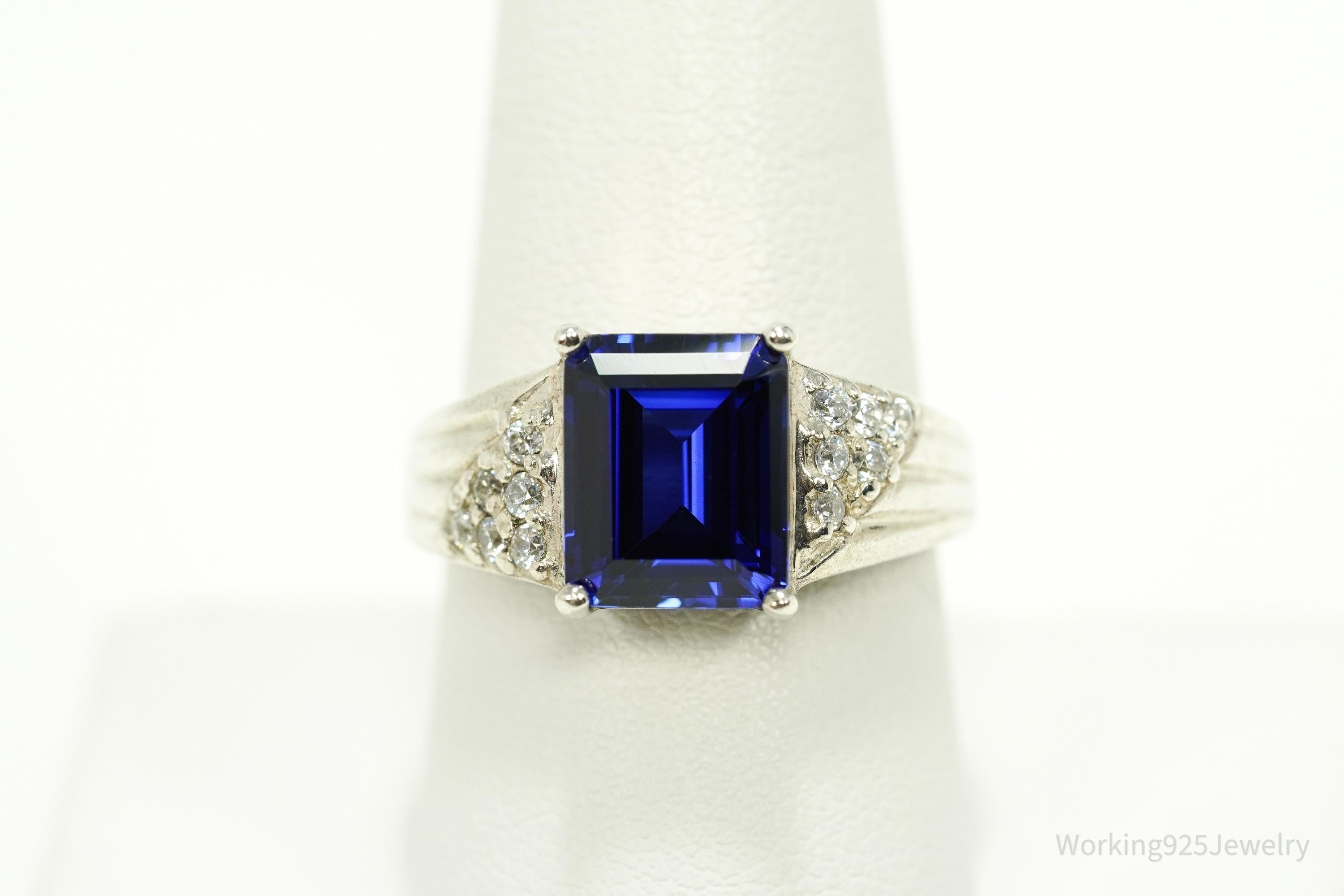 Vintage Lab Sapphire & Cubic Zirconia Sterling Silver Ring - Size 8.75