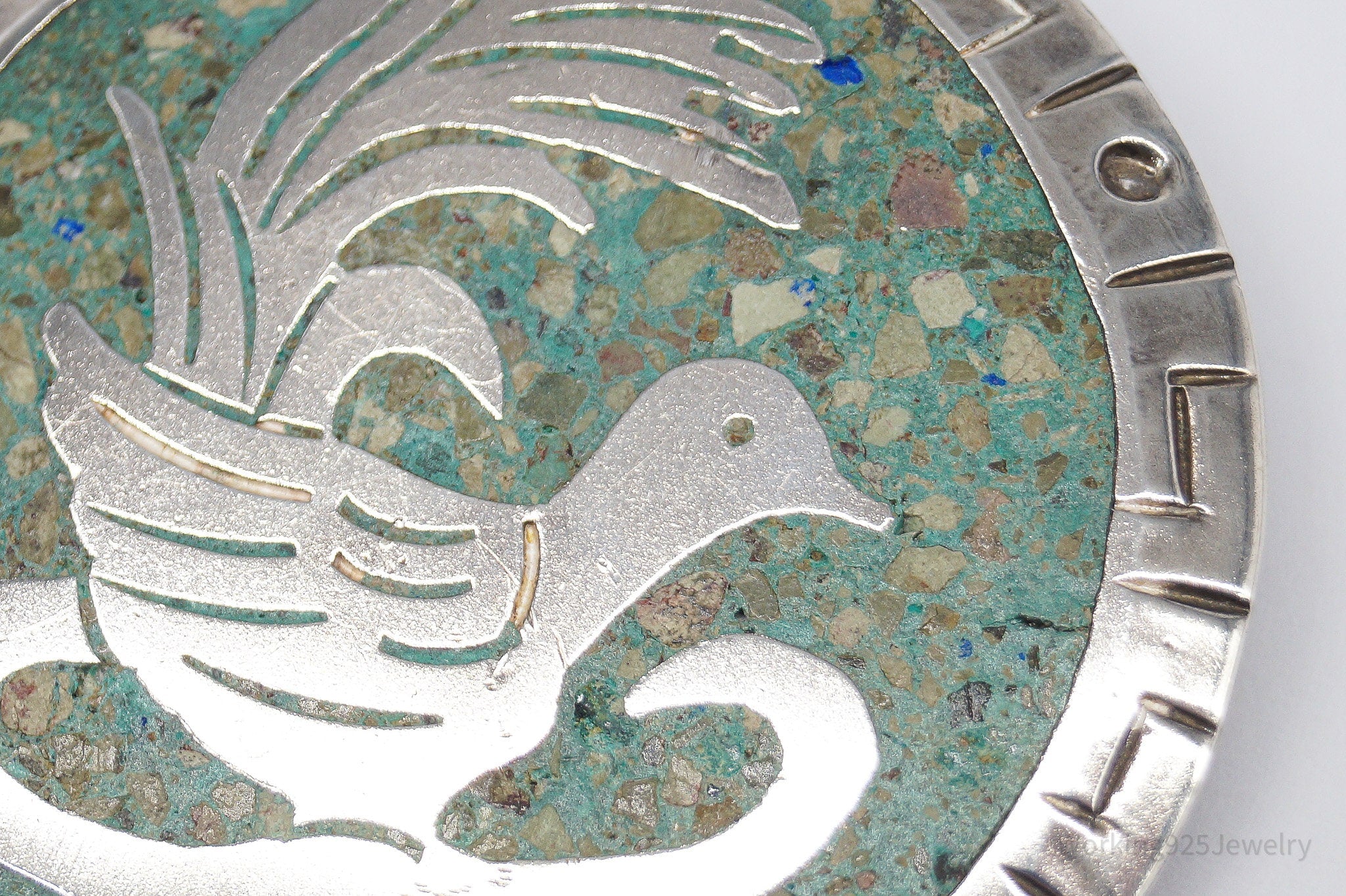 Vintage Large Mexico Gem Inlay Sterling Silver Brooch Pin Pendant 2"